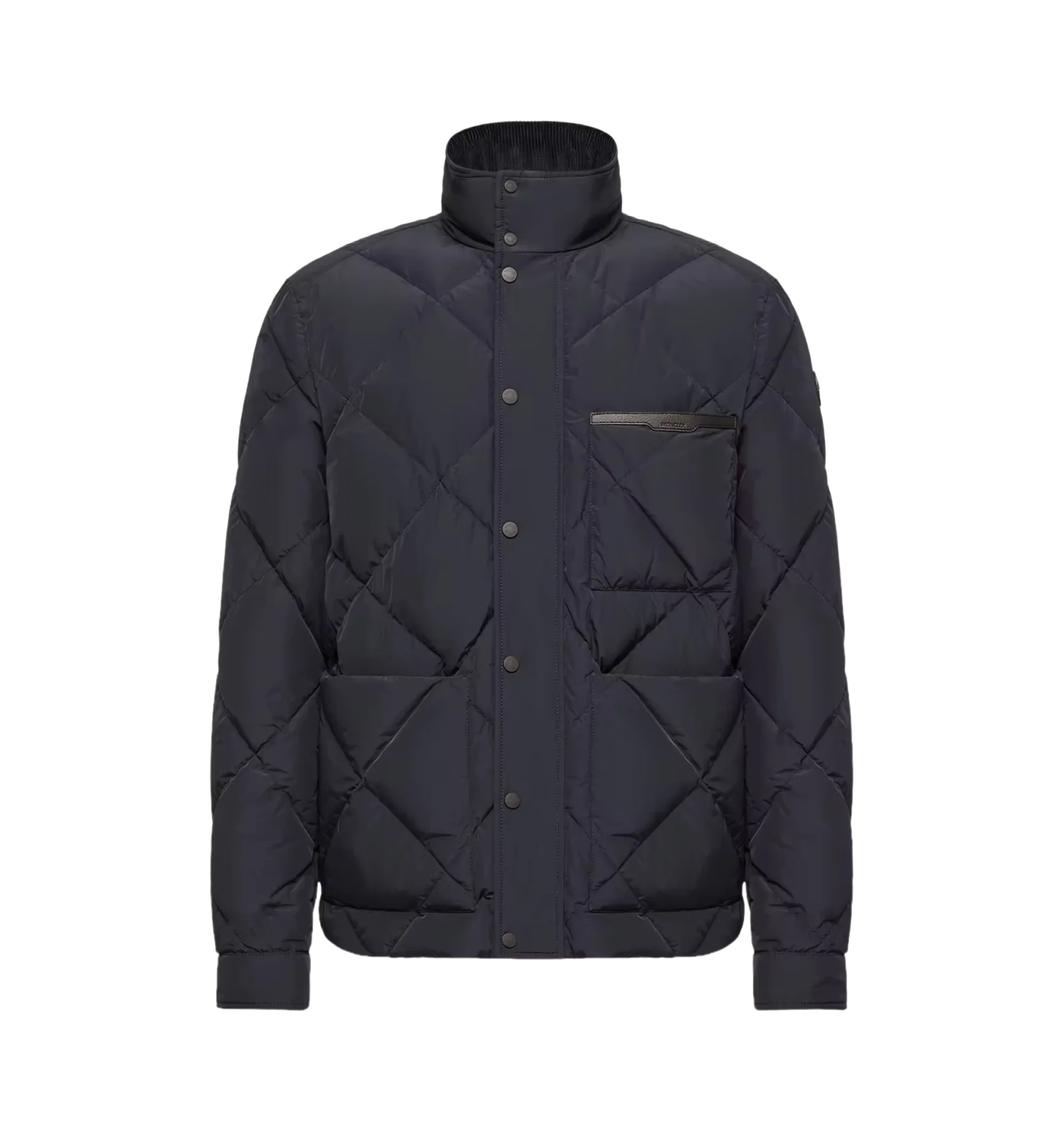 Image 1 of 1 - NAVY - Moncler Men's Surlake Diamond-Quilted Short Down Jacket blends classic sophistication with modern performance. Crafted with a diamond-quilted design and enhanced by water-repellent Aquaflect technology, this lightweight down jacket offers reliable protection and everyday comfort. Exterior: 100% Polyester Lining: 100% Polyester Hood: 100% Polyester Collar: 100% Cotton Padding: 90% Down, 10% Feather Leather Tag: Cow Leather Leather Inserts: Cow Leather