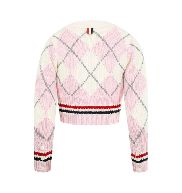 Image 2 of 2 - PINK - THOM BROWNE Argyle Intarsia Merino Wool Shrunken Cardigan featuring fine merino wool, shrunken fit, front button closure with striped grosgrain placket, 2 front slip pockets and signature striped grosgrain loop tab. 97% virgin wool, 3% polyamide. Made in Italy. 