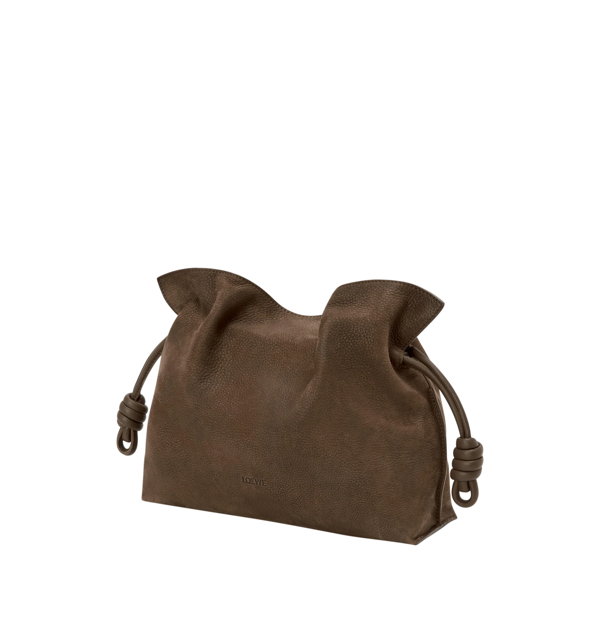Image 2 of 4 - BROWN - Loewe Medium Flamenco Clutch is crafted from grained nubuck and features the brand's signature soft, slouchy silhouette with a cinched closure and iconic knot drawstrings. Designed for shoulder, crossbody, or hand carry with a detachable and adjustable strap, discreet magnetic closure, nappa lambskin lining, and embossed LOEWE logo. Main Material: Grained Nubuck. Lining: Nappa Lambskin. Dimensions: 30 cm W 24.5 cm H 10.5 cm D. Strap Length: 96-120 cm. Strap Drop: 38-44 cm. Weight: 0