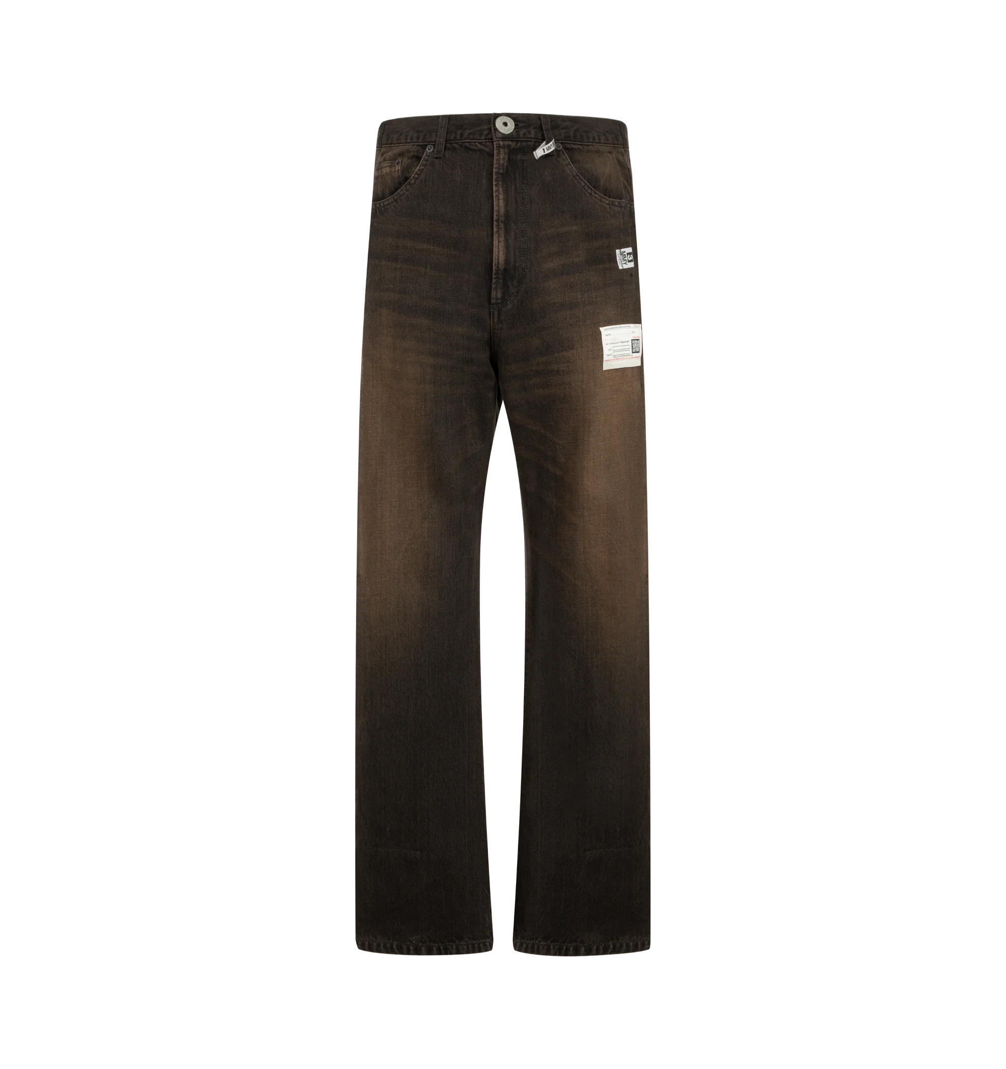 Image 1 of 4 - BROWN - Maison Mihara Yasuhiro Women's Folded 12oz Jeans are crafted from 12-ounce cotton denim and feature a cuffed hem, faded finish, elastic waistband with belt loops and an adjustable drawstring, plus side and back pockets. These designer denim jeans combine relaxed comfort with Maison Mihara Yasuhiro's signature contemporary aesthetic, creating a versatile silhouette for everyday wear. Main Material: 100% Cotton. Made in Japan.