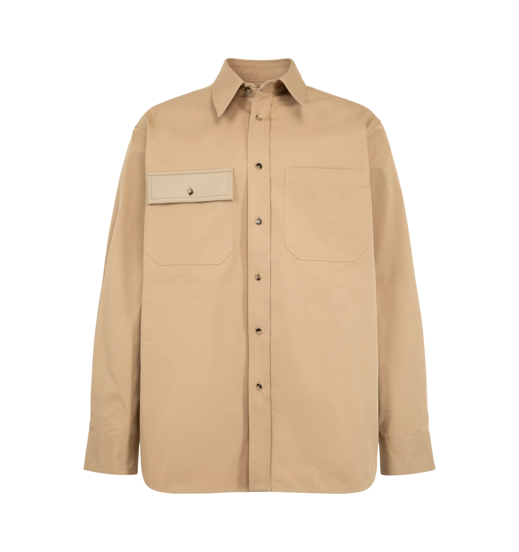 Image 1 of 2 - NEUTRAL - Bottega Veneta Men's Leather Pocket Shirt is crafted from cotton gabardine and features a structured silhouette with a distinctive leather front pocket. Designed with a point collar and front button closure, it combines everyday functionality with refined detailing. Main Material: 100% Cotton. Details: Leather front pocket. Made in Italy.