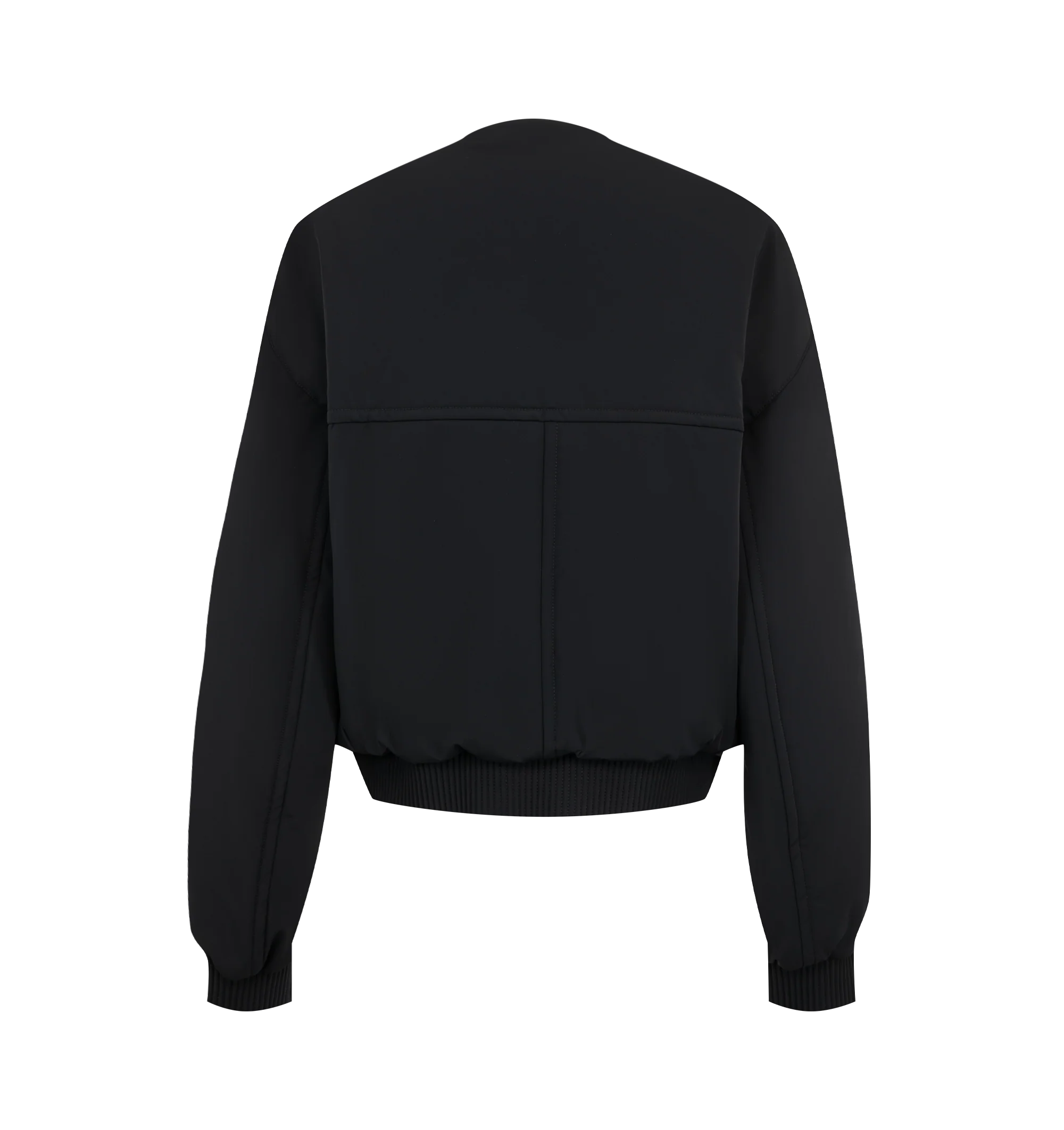 Image 2 of 4 - BLACK - Khaite Womens Cropped Bomber Jacket is crafted from double-face technical nylon. Features a cropped silhouette, front zip closure, rounded shape, signature armhole seaming, topstitched detailing, elasticized cuffs and hem, and in-seam side pockets. Main Material: 57% Nylon, 27% Polyurethane, 16% Elastane. Made in Italy.