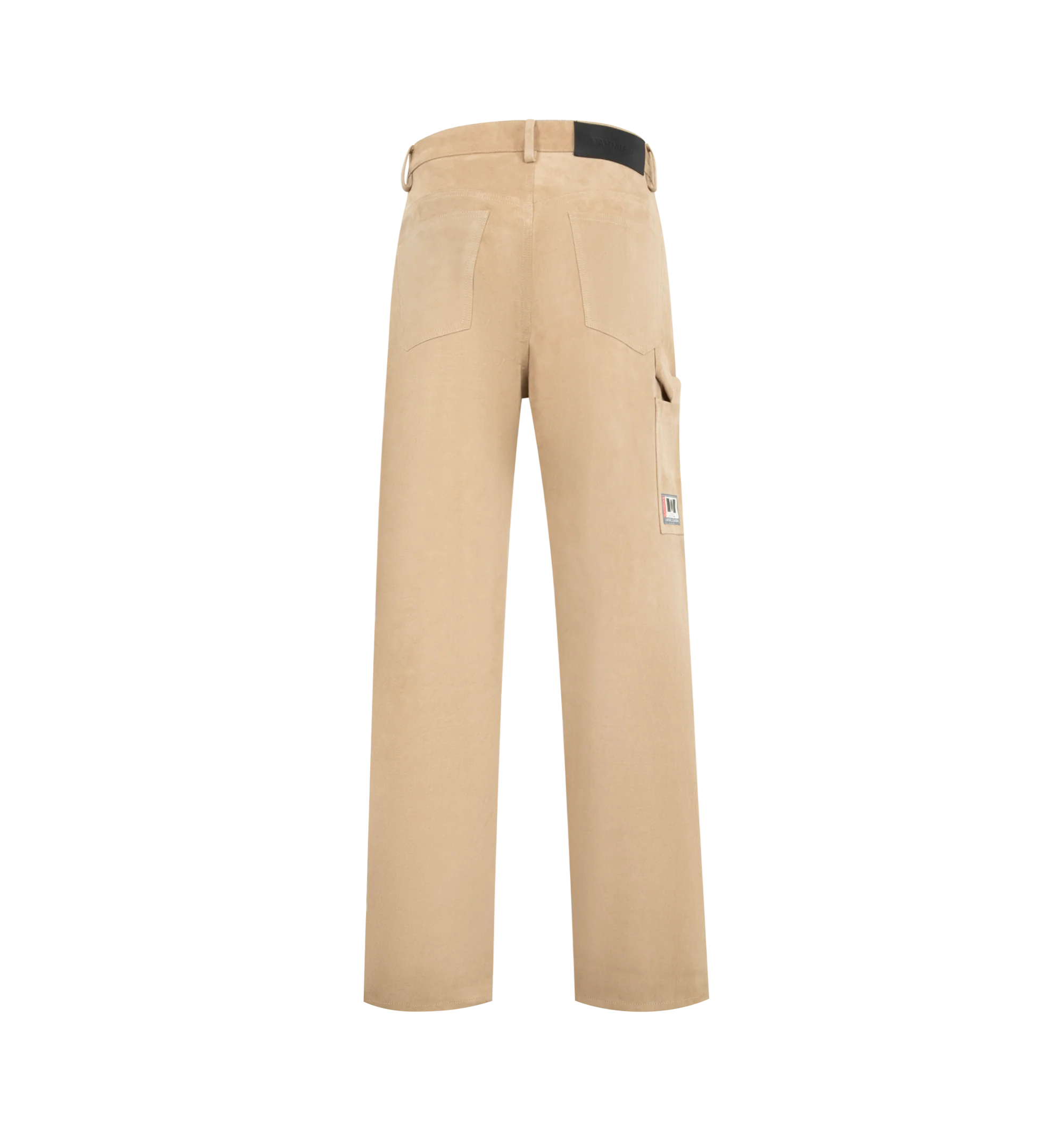 Image 4 of 5 - BROWN - NAHMIAS Suede Baggy Carpenter Pant featuring button zip closure, belt loops at waist, 5 pocket style with carpenter pocket at outseam and hammer loop. 100% leather.