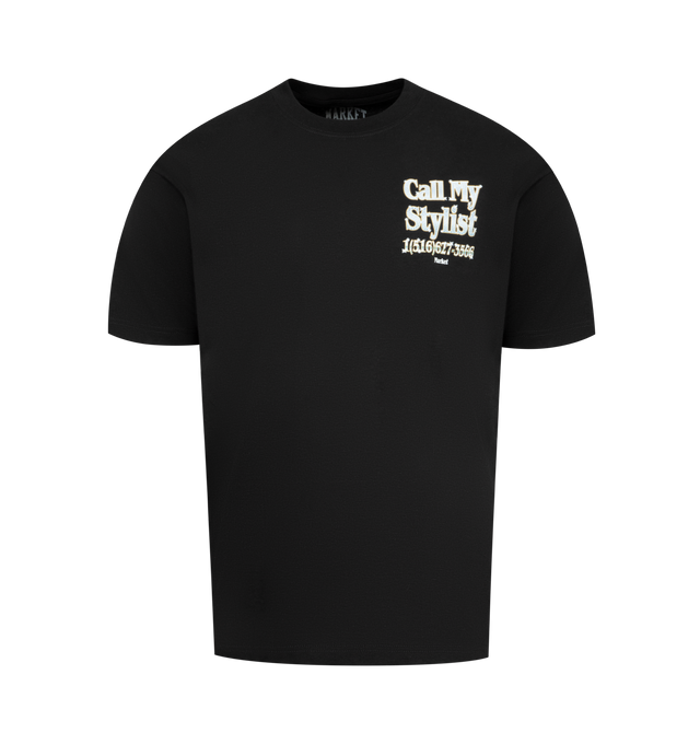Image 1 of 2 - BLACK - MARKET X Best Luxury Handbag Store Call My Stylist T-Short featuring short sleeves, crewneck and graphic print on front and back. Cotton.
