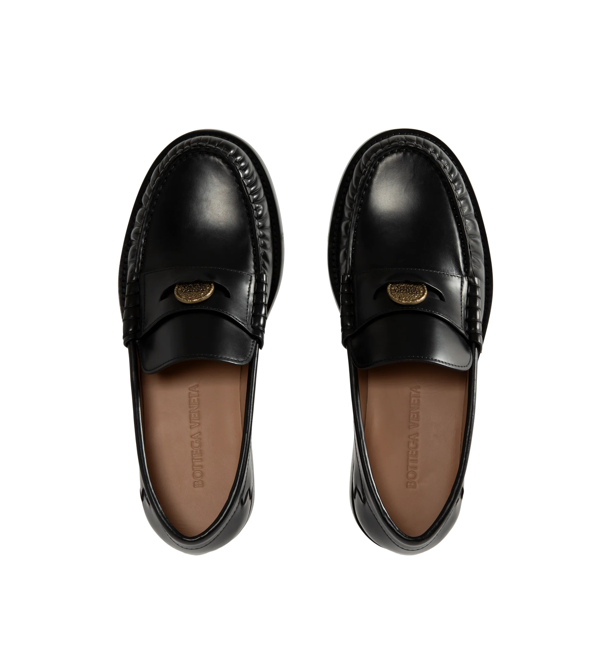 Image 4 of 4 - BLACK - Bottega Veneta Men's Penny Loafers are crafted from shiny leather and feature a timeless slip-on silhouette with a classic penny strap with metal coin detail across the vamp. Main Material: Leather. 