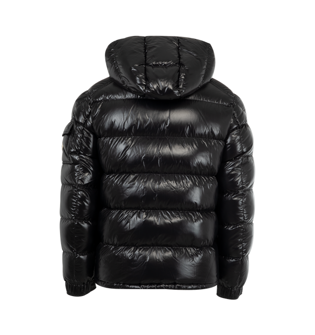 Image 3 of 4 - BLACK - MONCLER Maya Jacket featuring nylon laqu lining, down-filled with boudin quilting, detachable hood with snap buttons, adjustable with drawstring fastening, two-way zipper closure, zipped pockets, adjustable, elasticized cuffs with snap buttons, hem with drawstring fastening, flap patch pocket on sleeve and felt Moncler logo on sleeve. 100% polyamide/nylon. Padding: 90% down, 10% feather.