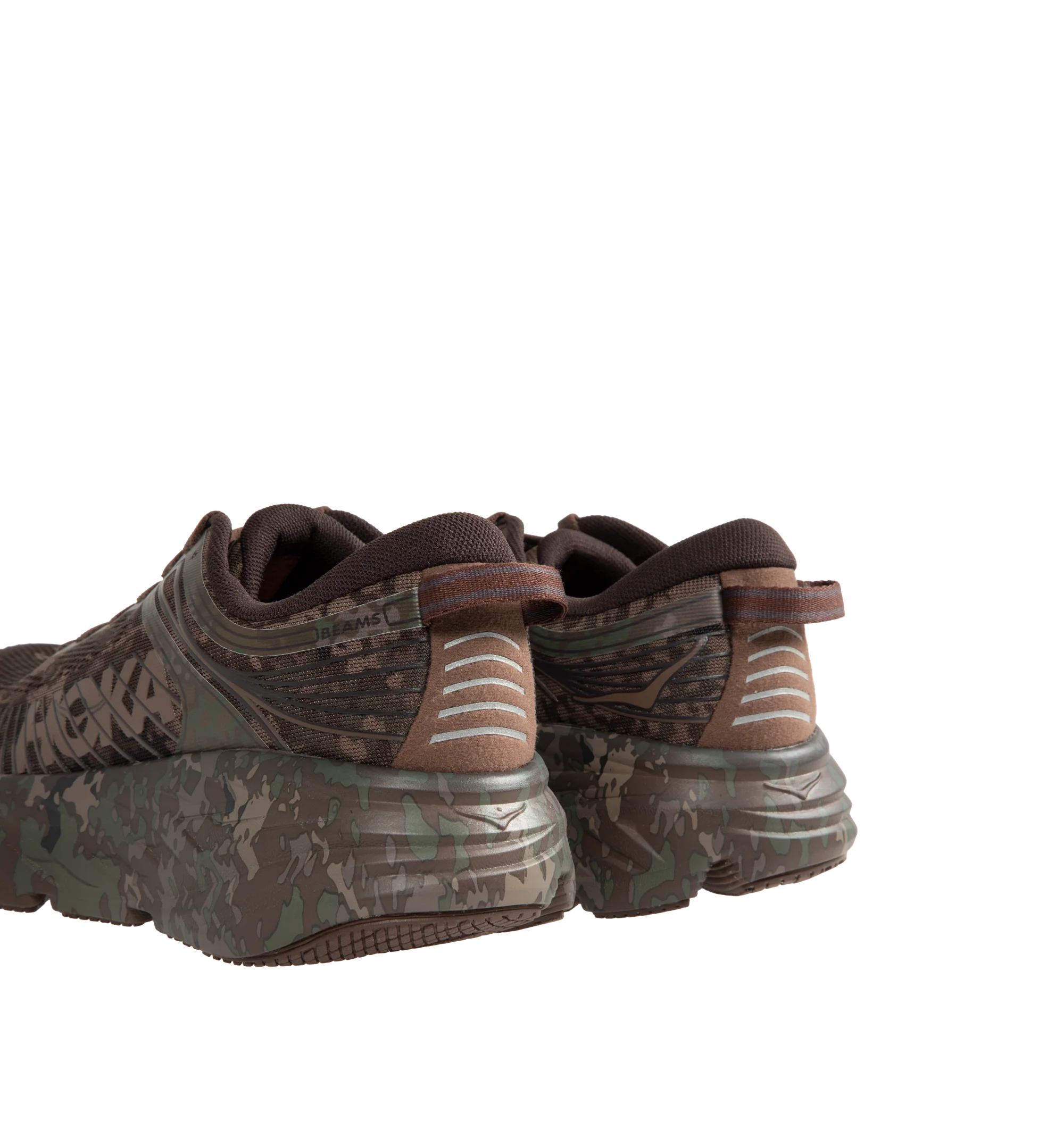 Image 3 of 5 - BROWN - Hoka Unisex Bondi 7 Beams Sneakers reinterpret the ultra-cushioned silhouette with a custom camouflage upper inspired by Japanese Zen gardens. The vegan open-mesh construction features a memory foam collar, TPU overlays, 3D-printed logos, a reflective secondary lace, and a lace keeper. Upper: Vegan Mesh and TPU. *Unisex style in men's sizing.