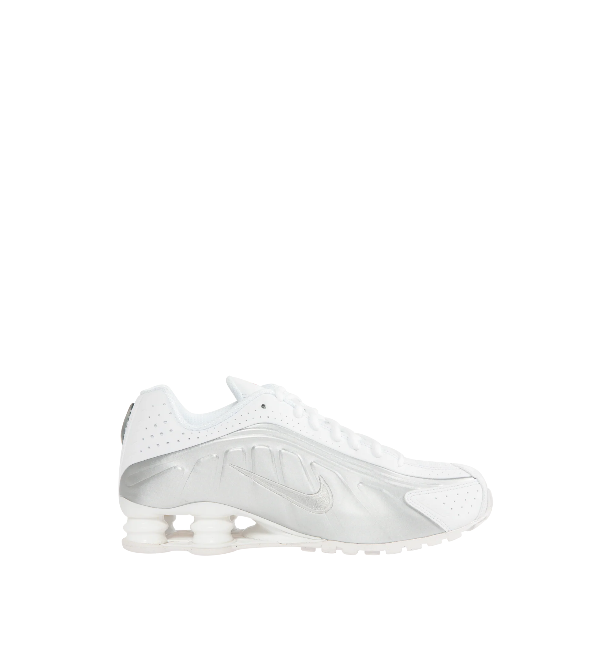 Image 1 of 5 - WHITE - Nike Womens Shox Magia Sneakers feature a premium leather and textile upper. Designed with a lace-up closure, metallic accents, Total 90-inspired detailing, Nike Shox cushioning columns, and durable rubber outsole. Upper: Leather and Textile; Cushioning: Nike Shox; Outsole: Rubber. Imported