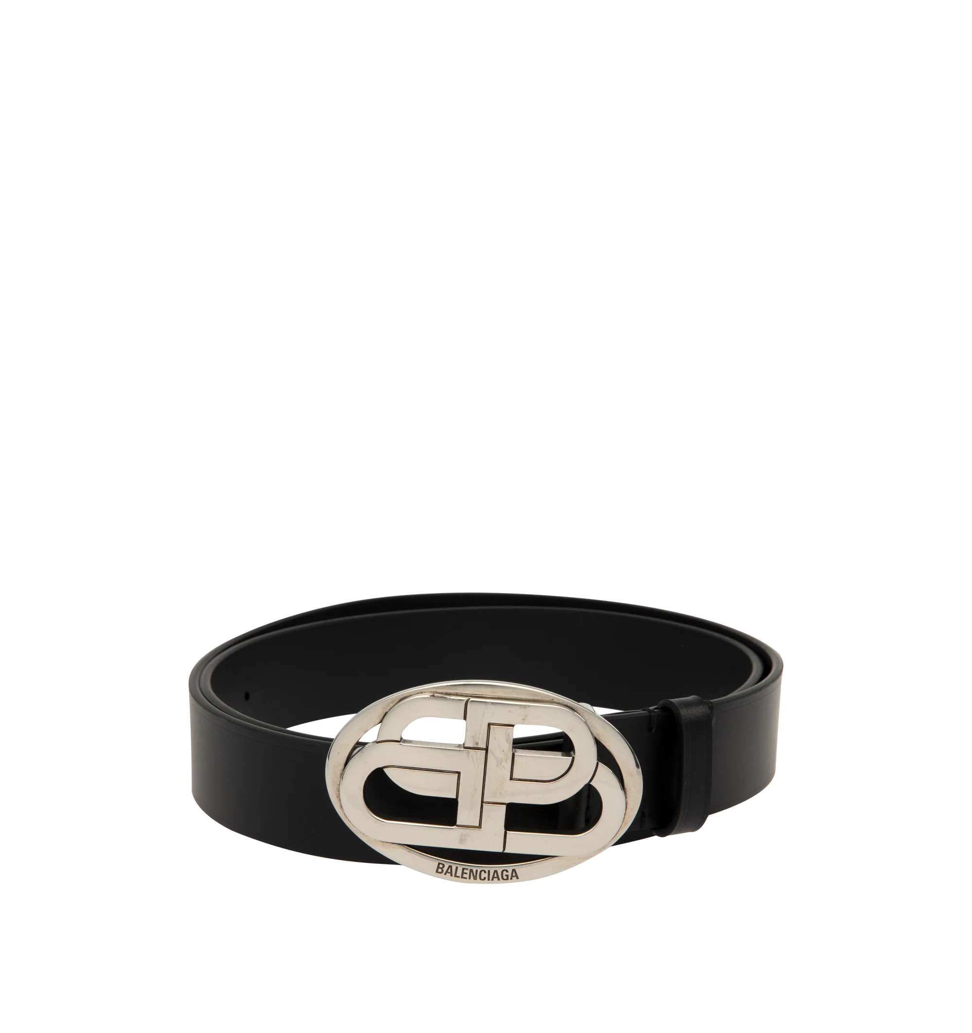 Image 1 of 2 - BLACK - Balenciaga Belt is crafted from natural calfskin leather. Features an aged-silver interlocked BB logo buckle, engraved Balenciaga logo, five adjustment holes, and a tonal leather keeper loop. Main Material: 100% Calf Leather. Made in Italy.