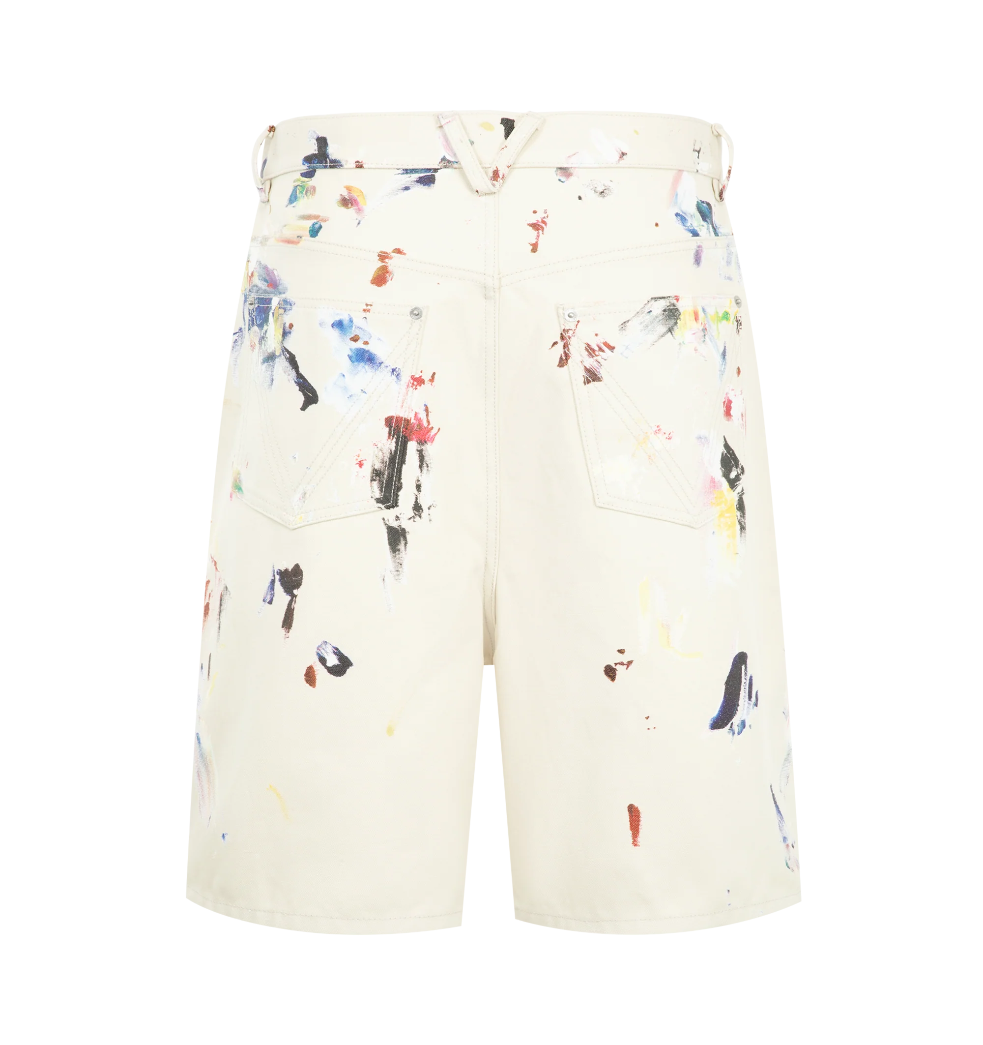 Image 2 of 3 - MULTI - Bottega Veneta Men's Paint Splatter Shorts are crafted from 100% cotton canvas material and feature an allover paint splatter motif that coordinates with a matching shirt. Designed in a clean, tailored silhouette, these shorts feature a button closure, belt loops, side pockets, and back welt pockets. Main Material: 100% Cotton. Closure: Button and Zip Fly. Pockets: Side Pockets, Back Welt Pockets. Made in Italy.