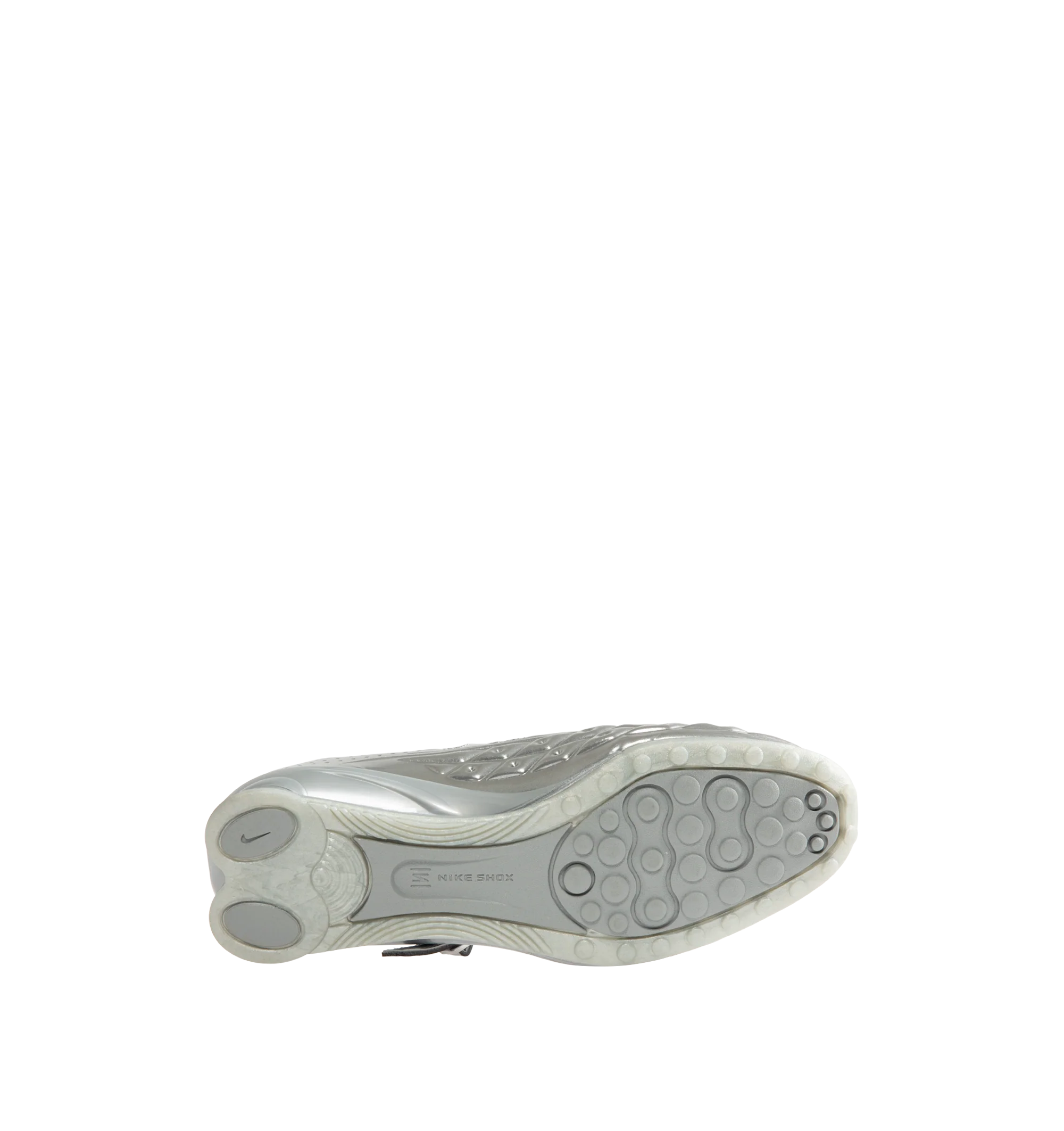 Image 4 of 5 - SILVER - Nike Womens Shox Z Calistra Shoe is a ballet-inspired flat on top of sleek sneaker-inspired heel cushioning. Designed with an adjustable midfoot strap, Nike Shox Z cushioning pillars, signature Nike and Shox branding, and durable rubber outsole. Upper: Synthetic Leather; Cushioning: Nike Shox Z; Outsole: Rubber. Imported 