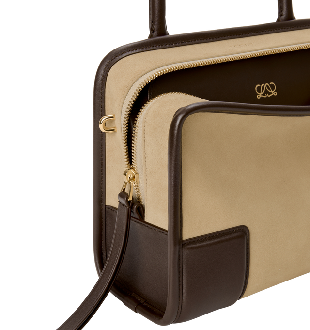 Image 16 of 17 - BROWN - LOEWE Small Amazona 180 Bag in suede featuring a relaxed silhouette anchored by a single toron top handle, designed to be carried open, while a concealed closure secures the main compartment, three carry options: short handle, removable shoulder strap and crossbody, zip closure with two leather zip pullers, two compartments, main compartment closed with magnetic closure, internal flat pocket, left side d-ring for customization, suede and nappa lambskin lining, embossed LOEWE and emb