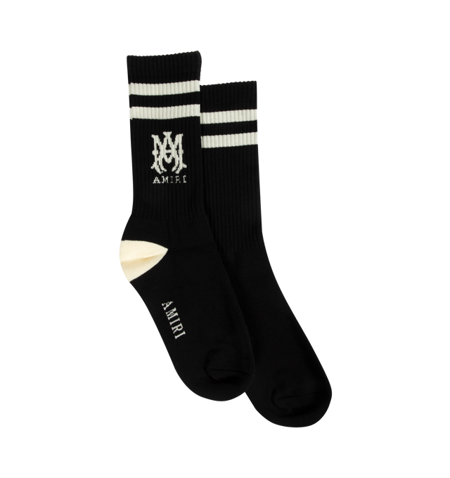 Image 1 of 2 - BLACK - AMIRI MA Stripe Socks featuring double stripes with the MA logo on the side and ribbed cuffs. 78% cotton, 20% polyester, 2% elastane.