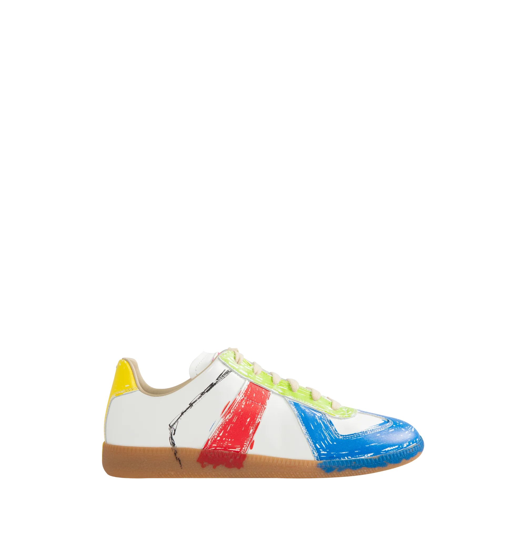 Image 1 of 5 - MULTI - Maison Margiela Men's High Quality Luxury Paint-Splatter Sneakers are crafted from calf leather and feature a paint-splatter effect. Designed with a round toe and lace-up fastening, they are finished with a logo-print tongue, the signature single-stitch detail at the rear, and a flat gum-rubber sole. Main Material: 100% Calf Leather. Lining: 100% Calf Leather. Sole: 100% Rubber. Made in Italy.