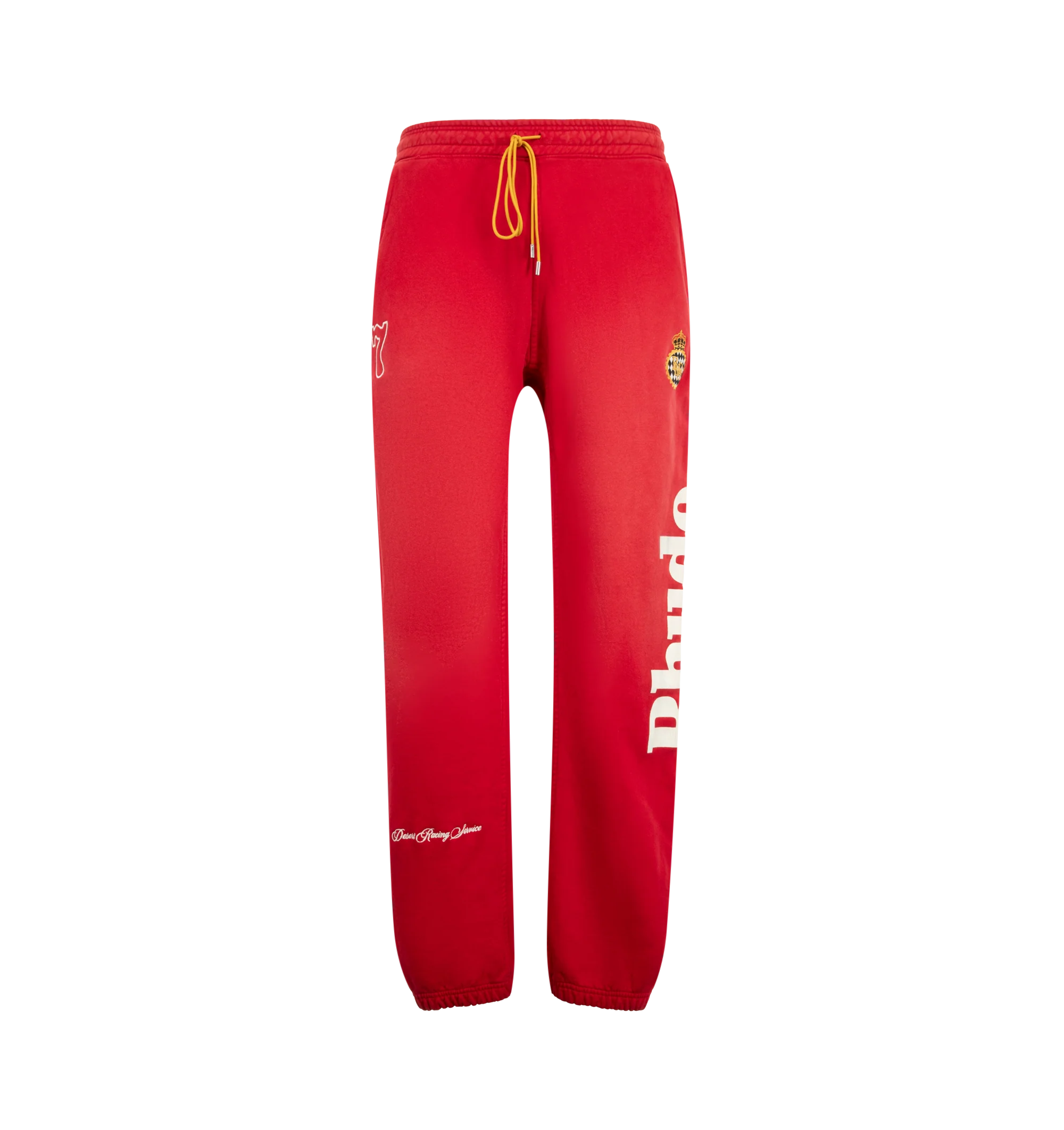 Image 1 of 4 - RED - Rhude Desert Racing Script Cuffed Sweatpant is crafted from cotton and features a relaxed silhouette with elasticated cuffs for a tapered fit. Designed with Desert Racing Script graphics, an elasticated waistband, and functional pocket detailing for everyday comfort. Main Material: 100% Cotton. Made in USA.