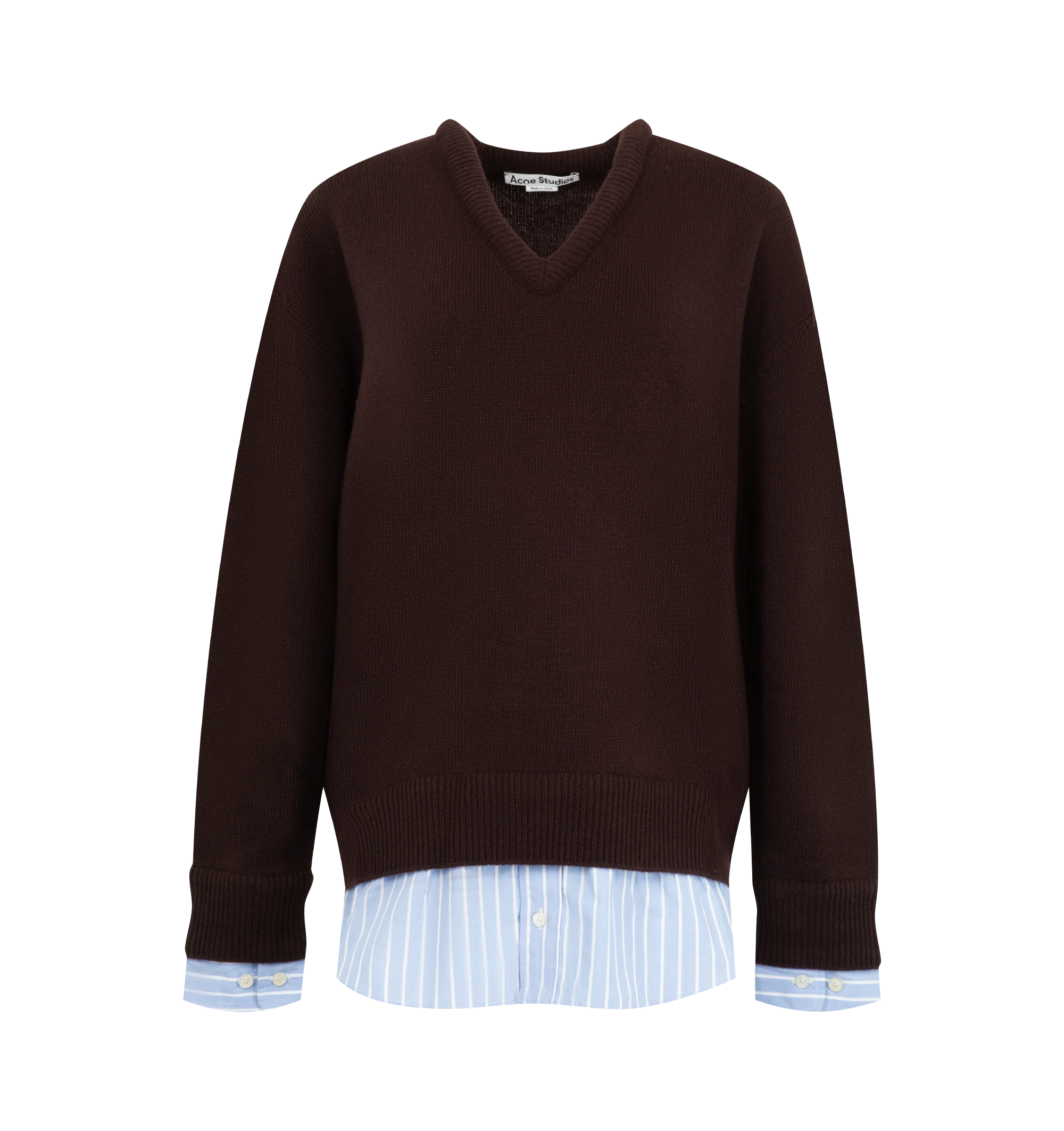 Image 1 of 2 - BROWN - Acne Studios Women's Layered Wool Sweater is crafted from wool and features a distinctive 3D V-neckline with layered shirting details at the cuffs and hem. Cut to a regular fit with a below-waist length, the sweater is finished with tonal leather elbow patches and embroidered Acne Studios initials above the hem, blending classic tailoring influences with the brand's contemporary aesthetic. Main Material: 100% Wool. Contrast: 100% Cotton. Fit: Regular Fit. Length: Below-Waist. Neckline