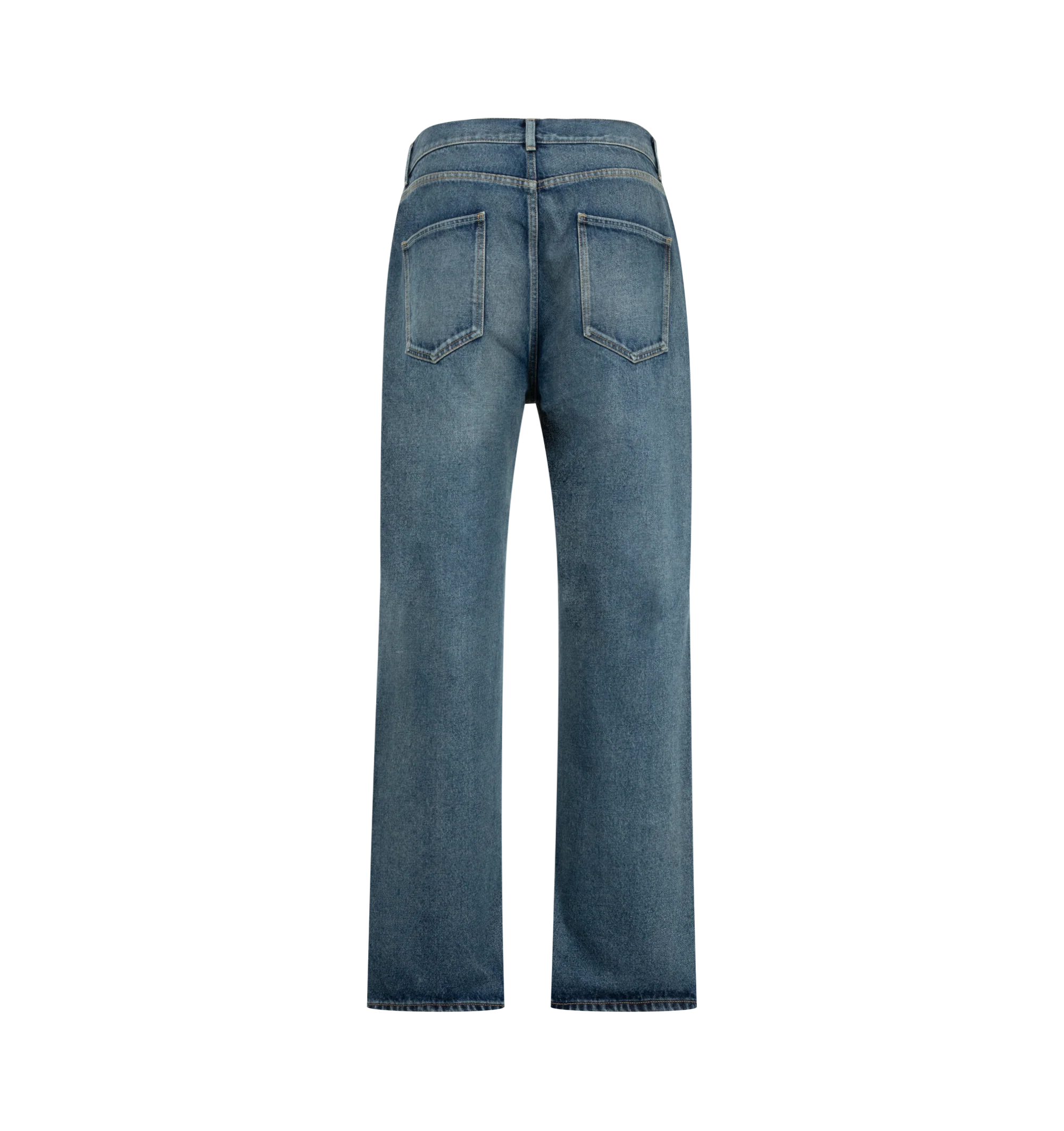 Image 2 of 3 - BLUE - The Row Men's Vanya Jeans are crafted from cotton denim and feature a mid-rise silhouette with a wide leg, contrast topstitching, and classic five-pocket construction. The denim undergoes a brushed treatment to create a naturally aged appearance, followed by a light indigo overdye that enhances tonal variation and adds richness to the color. Main Material: 100% Cotton. Fit: Mid-Rise, Wide Leg. Details: Contrast Topstitching and Five-Pocket Construction. Made in Japan.