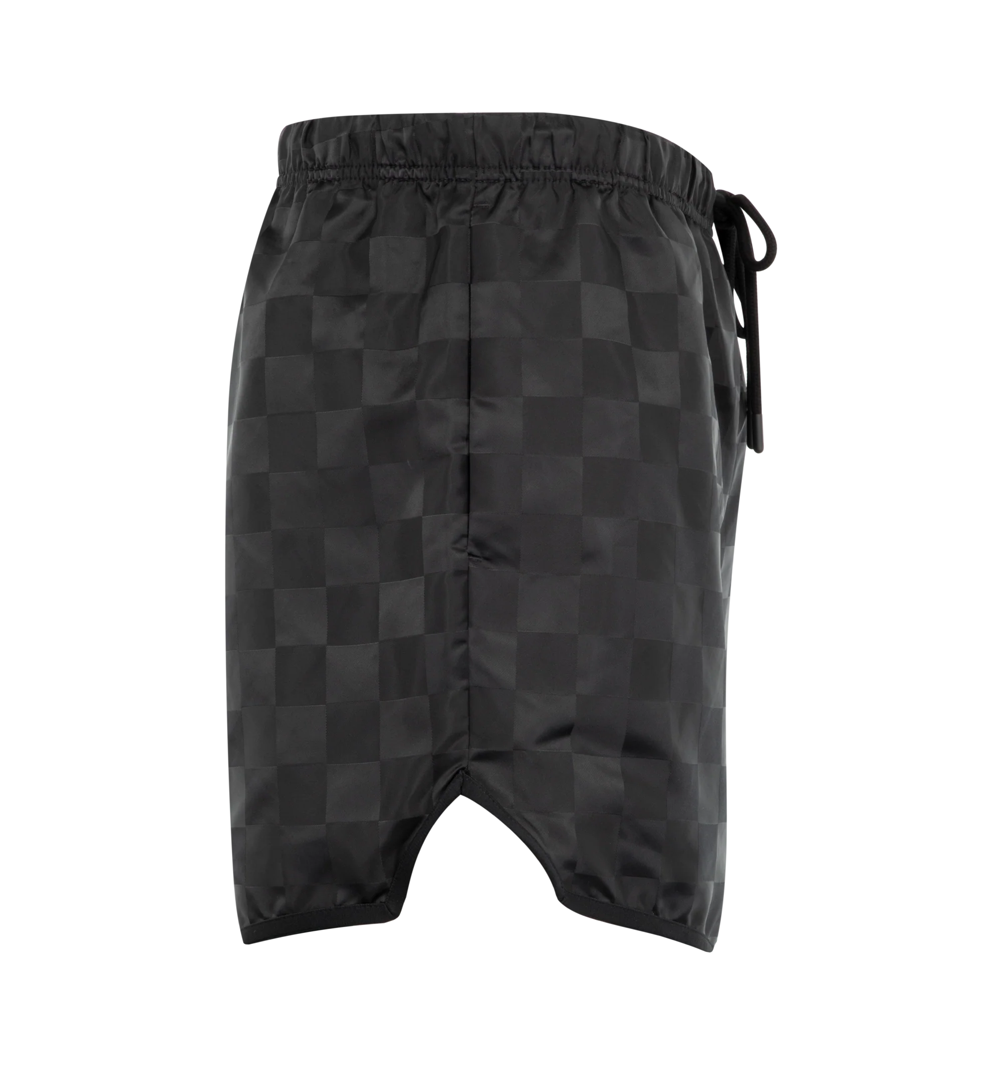 Image 3 of 3 - BLACK - Fear of God Essentials Mens Checkered Gym Shorts are crafted from nylon. Feature a relaxed fit, and an elasticized waistband with drawstring. Main Material: Nylon.
