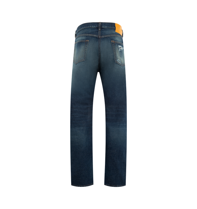 Image 2 of 3 - BLUE - GALLERY DEPT. Marley Denim featuring classic silhouette with a mid-rise fit, 5-pocket design, slight distressing, debossed tan leather GALLERY DEPT. jacron on the back waistband, embroidered GD pin detailing on the coin pocket and GD custom hardware. 100% cotton. Made in USA. 
