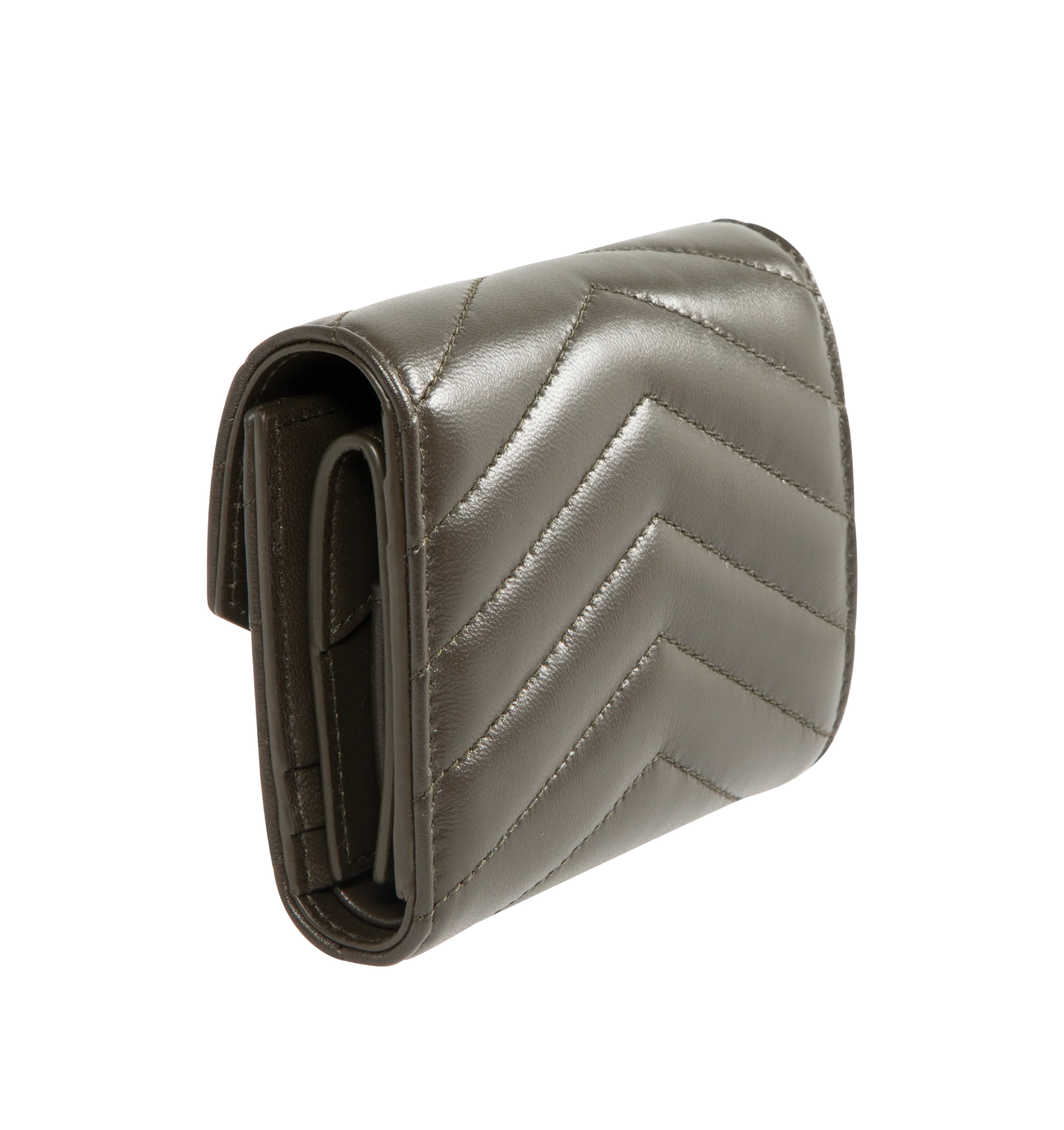 Image 2 of 3 - BROWN - SAINT LAURENT Multi Fold Wallet featuring chevron quilted overstitching, cassandre logo, leather lining, gold-toned hardware, snap-button closure, five card slots, one coin pocket, one bill compartment and one receipt compartment. 4.1 x 3.5 x 1.2 inches. Lambskin. Made in Italy.
