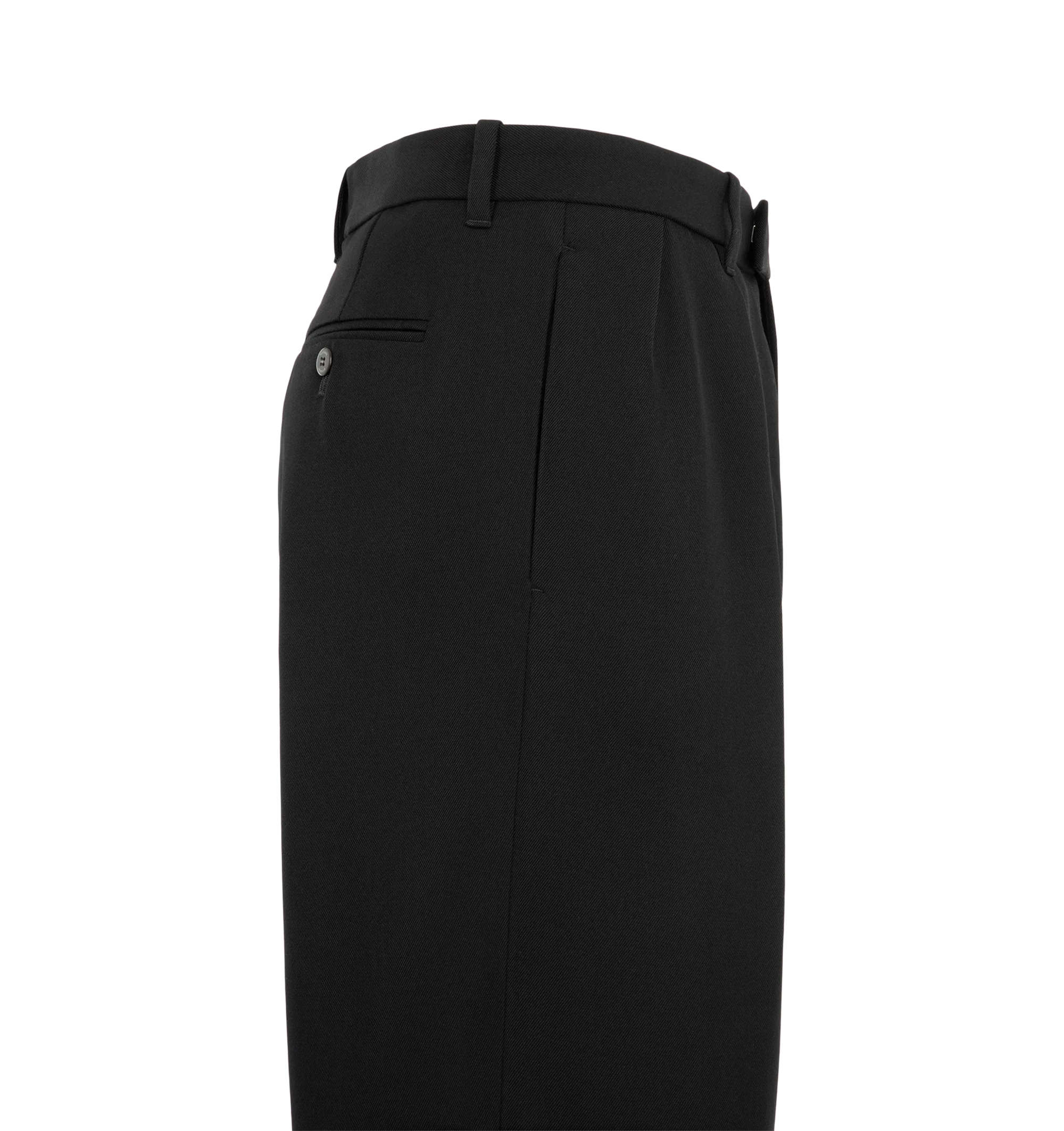 Image 3 of 3 - BLACK - The Willy Chavarria Men's Vestimenta Pleated Trouser is cut in a tailored, wide-leg silhouette with double knife pleats at the front for a defined shape. Crafted from 100% virgin wool, it features in-seam pockets and welt pockets at the back. Finished with a key loop and a signature W at the center back. 