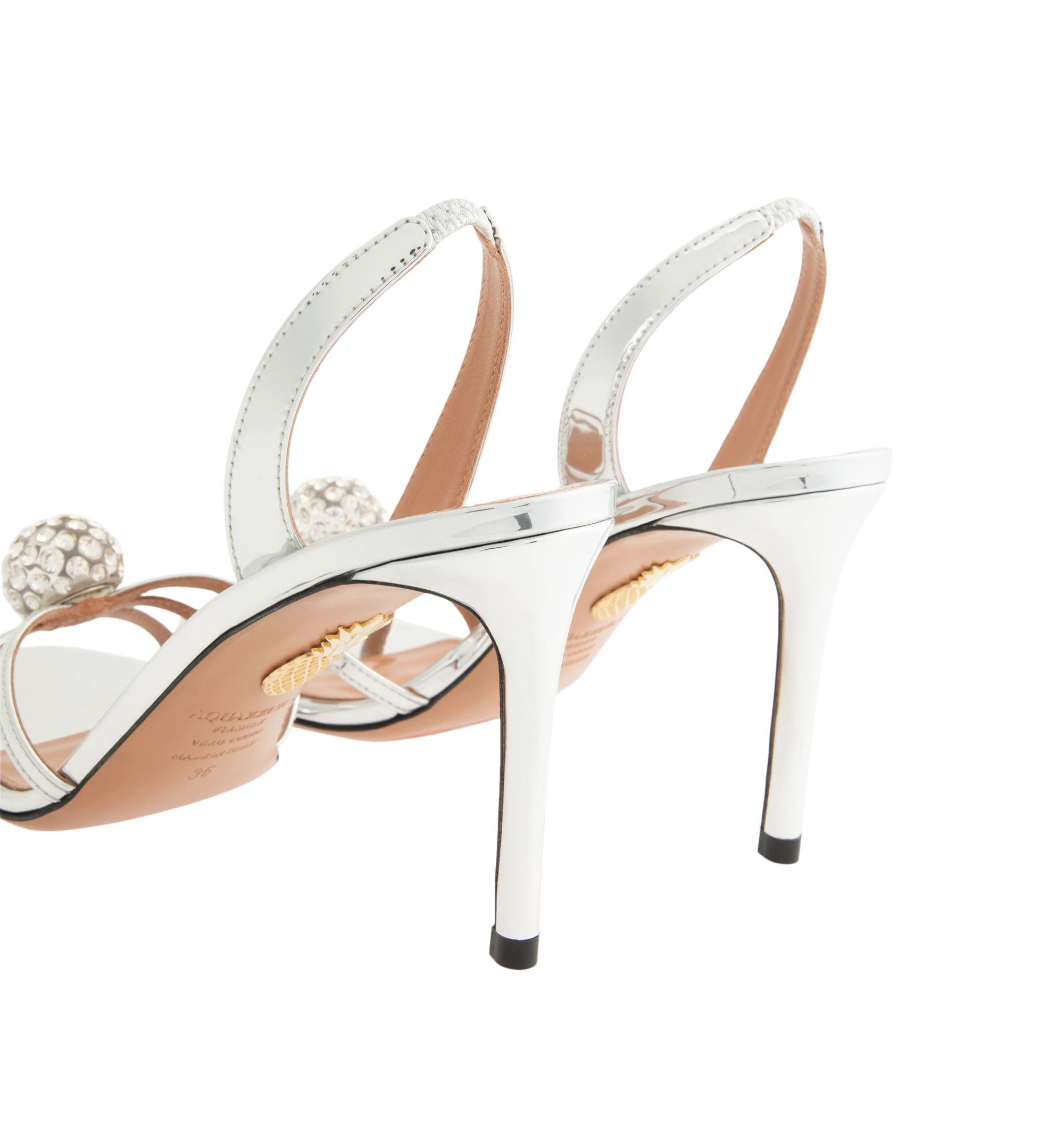 Image 3 of 4 - SILVER - Aquazzura Women's Crystal Bubble Sandal 85 is designed with slender straps embellished with shimmering crystal spheres for a striking, jewelry-inspired finish. Set on a sleek 85mm stiletto heel, these designer sandals feature a high-shine gold finish and an elasticated slingback strap for a secure, comfortable fit. Heel Height: 85 mm. Made in Italy. 