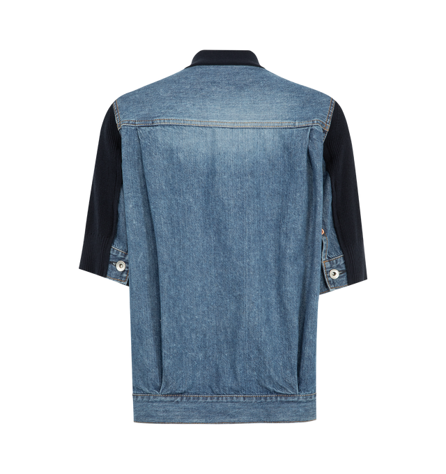 Image 2 of 3 - BLUE - SACAI Denim x Knit Cardigan featuring front button closure, short sleeves, irregular hem, v neck and paneled construction. 50% cotton, 49% polyester fiber, 1% polyurethanes. 