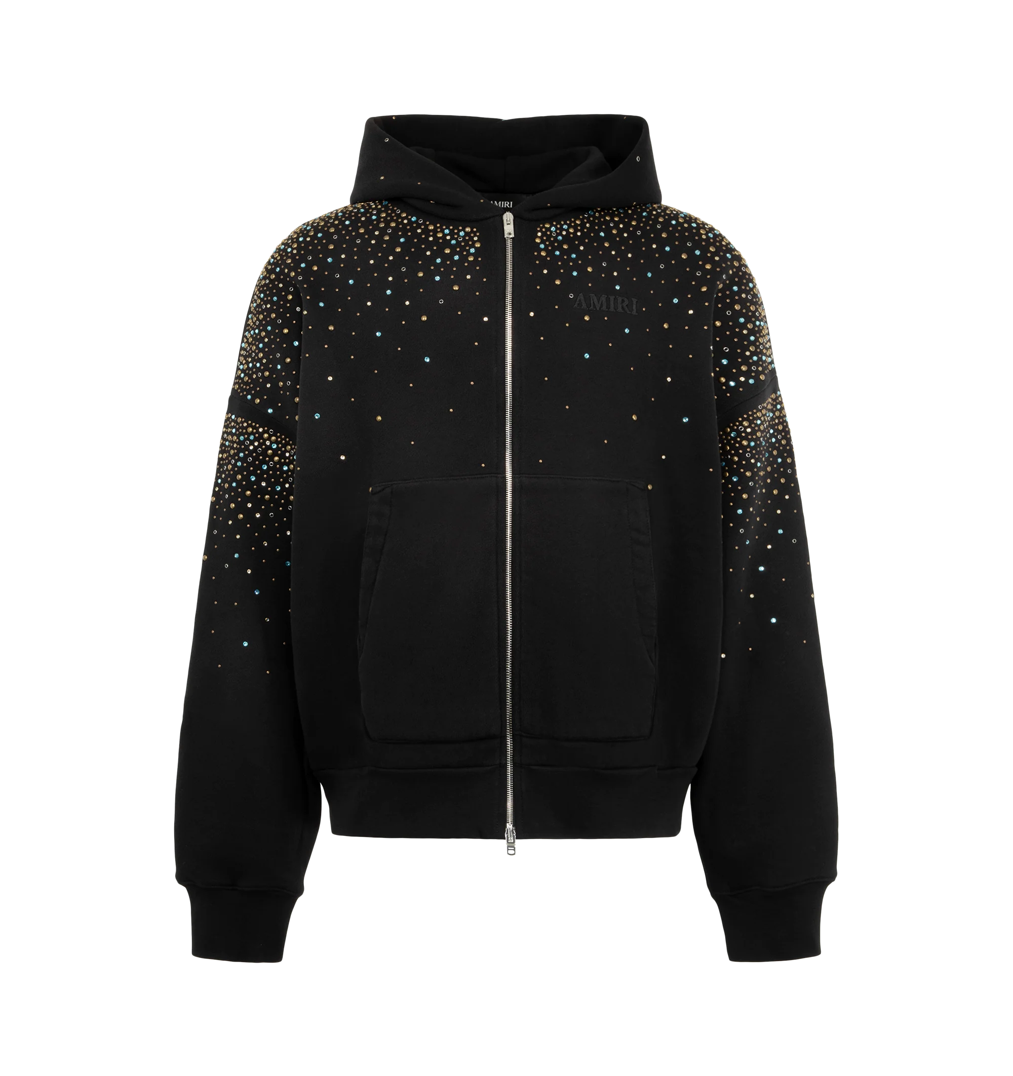 Image 1 of 2 - BLACK - Amiri Men's Crystal Oversized Zip Up Hoodie is crafted in cotton with crystal embellishments, full zip closure, a hoodie, and kangaroo pockets.