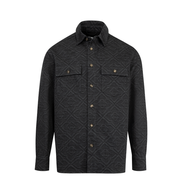Image 1 of 2 - BLACK - CASABLANCA Laser Denim Shirt featuring monogram pattern, point collar, button closure, branded gold-plated buttons and breast pockets. 100% cotton. Made in Italy.