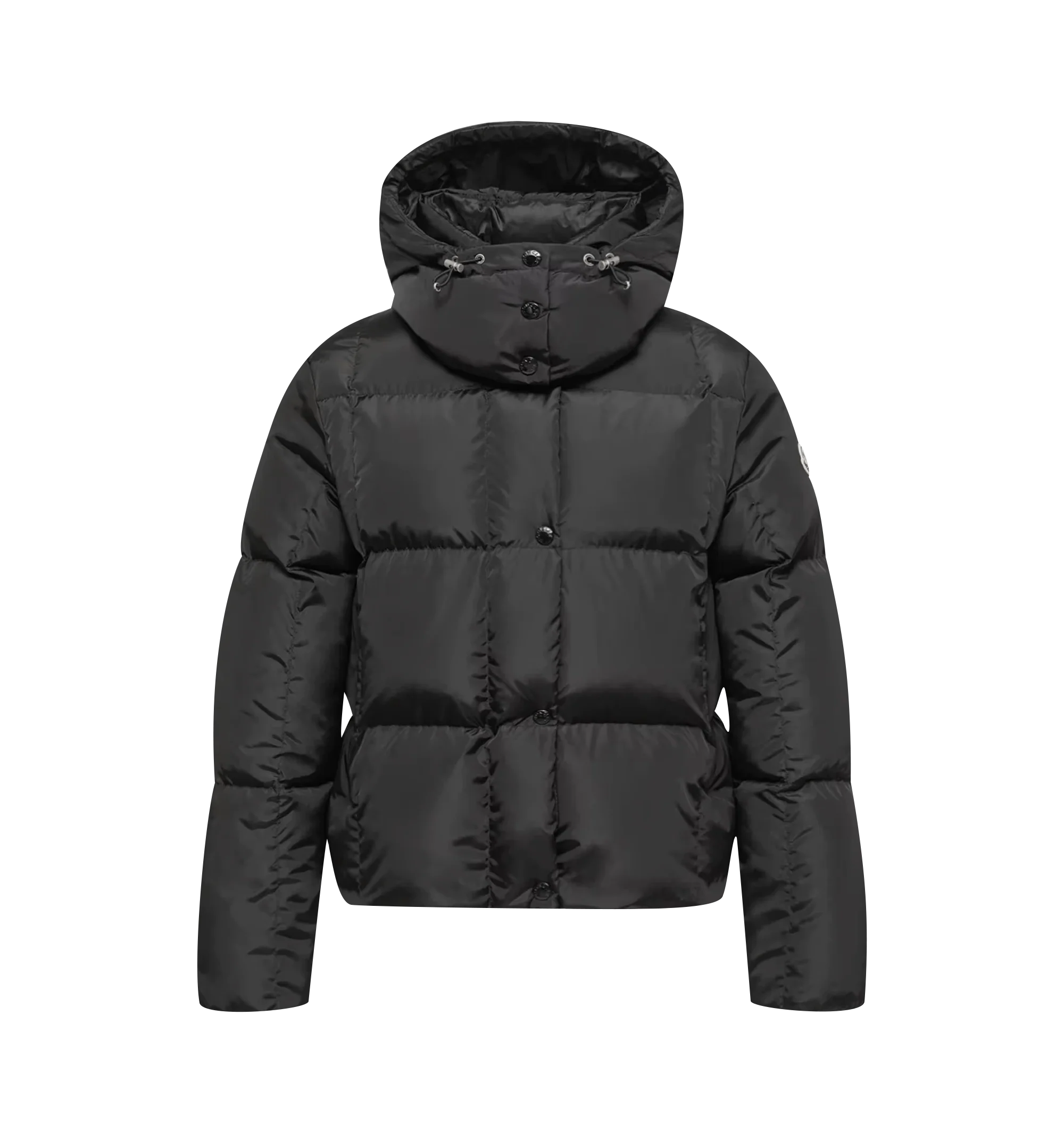 Image 1 of 1 - BLACK - Moncler Women's Castlenew Hooded Down Jacket is crafted from recycled technical nylon with a water-repellent finish and features a quilted puffer design. Designed in a regular-fit silhouette, this down-filled jacket is finished with a high collar, detachable and adjustable hood, concealed front closure with logo snap buttons, side zip pockets, elasticized cuffs, and the signature felt logo patch at the sleeve. A contrasting interior and refined construction balance technical performan