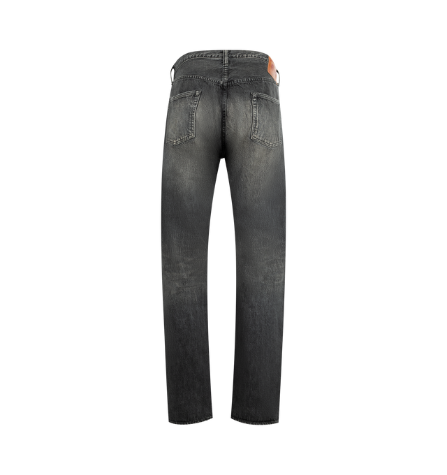 Image 2 of 3 - BLACK - FULLCOUNT Wide Black Denim Dartford Jean featuring 13.7oz original black selvedge denim, distressing throughout, 5 pocket style and button zip fly closure. 100% Zimbabwean cotton. Made in Okayama, Japan.