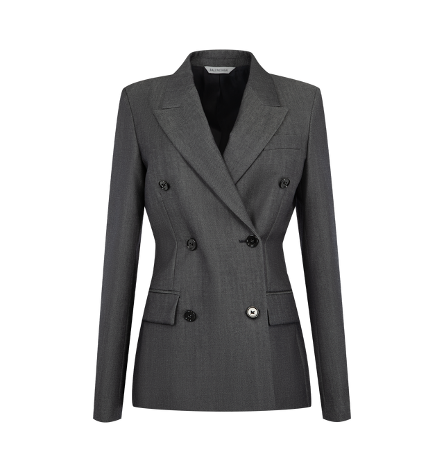 Image 1 of 2 - NAVY - BALENCIAGA Double-Breasted Blazer featuring peak lapels framing a double-breasted front, padded hips, a darted waist, two front flap pockets and slim fit. 100% wool. Made in Italy.