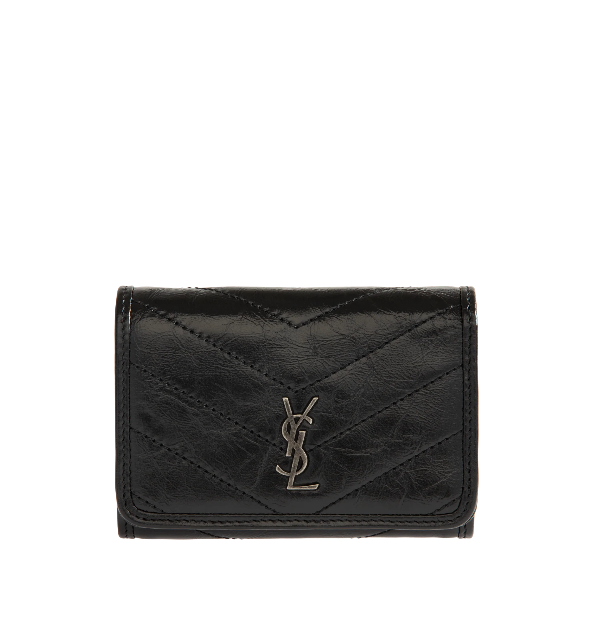 Image 1 of 3 - BLACK - Saint Laurent Womens Tri-Fold Wallet is crafted from calfskin leather. Features signature CASSANDRE hardware, quilted topstitching, snap-button closure, six card slots, one bill compartment, one zip coin pocket, and bronze-tone hardware. Dimensions: 12  11.5  2.5 cm. Main Material: Calfskin Leather; Hardware: Brass. Made in Italy. 