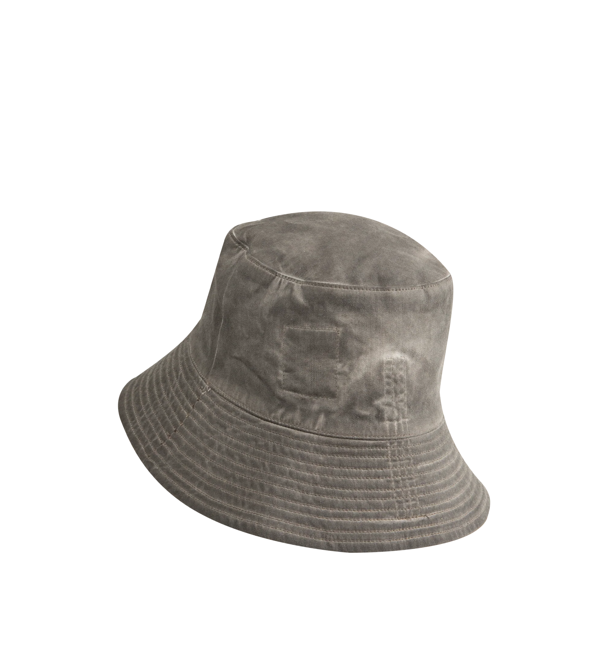 Image 2 of 2 - GREY - Rick Owens DRKSHDW Gilligan Hat is crafted from foil-treated stretch denim and features the brand's signature bucket hat silhouette with a worn-in, garment-dyed finish. Designed with fading throughout, topstitch detailing, quilted trim, and a self-tie chin strap, the hat reflects the labes distinctive blend of utilitarian function and avant-garde style. Main Material: 85% Cotton, 10% Polyester, 5% Elastane. Lining: 100% Cotton. Made in Italy. 