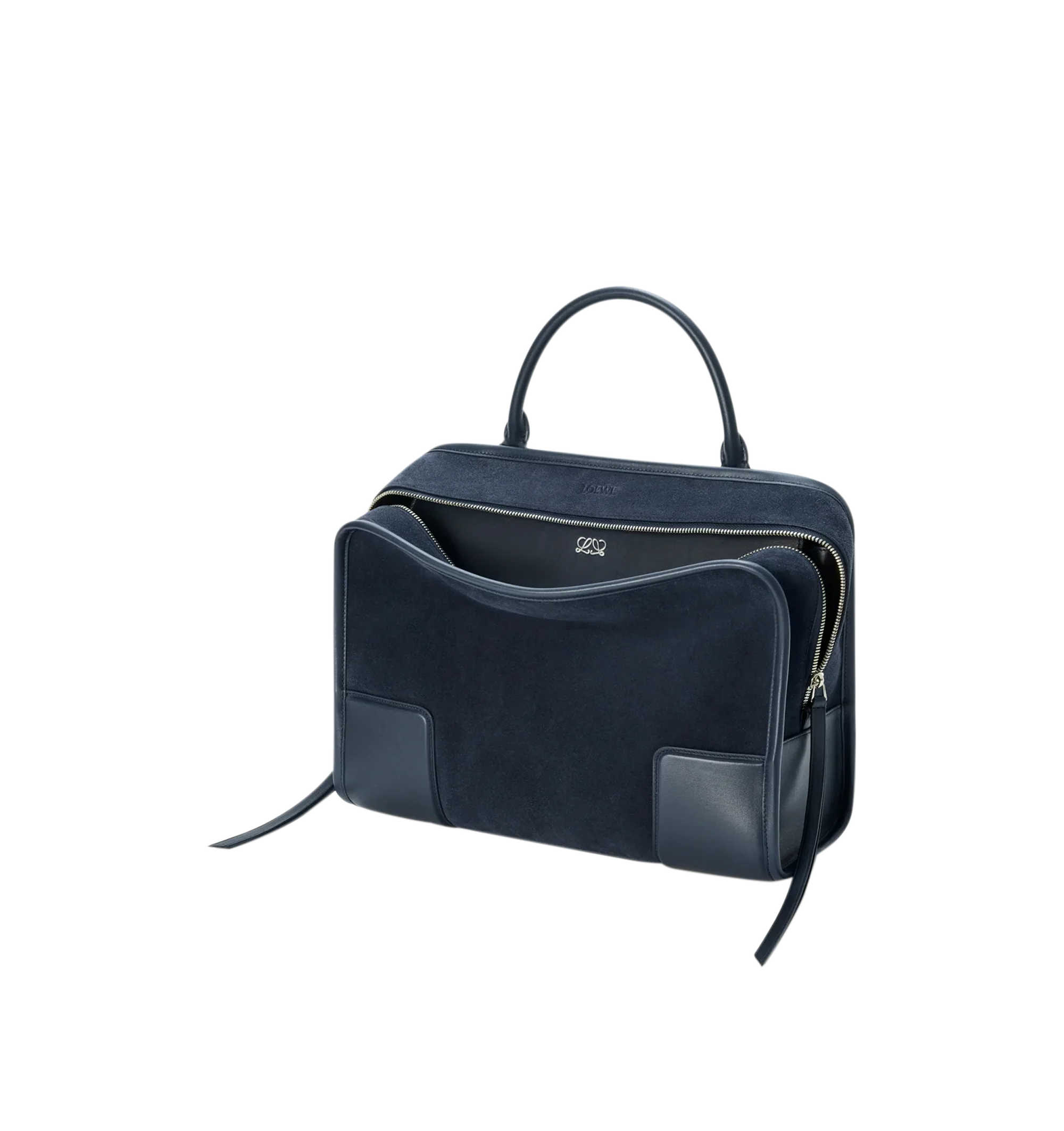 Image 6 of 16 - NAVY - Loewe Large Amazona 180 Bag in suede featuring a relaxed silhouette anchored by a single toron top handle, designed to be carried open while a concealed closure secures the main compartment, removable shoulder and crossbody straps, zip closure with two leather zip pullers, two compartments, main compartment closed with magnetic closure, internal flat pocket, left side d-ring for customization, suede and nappa lambskin lining, embossed LOEWE and embossed double L branding. Suede/calf.