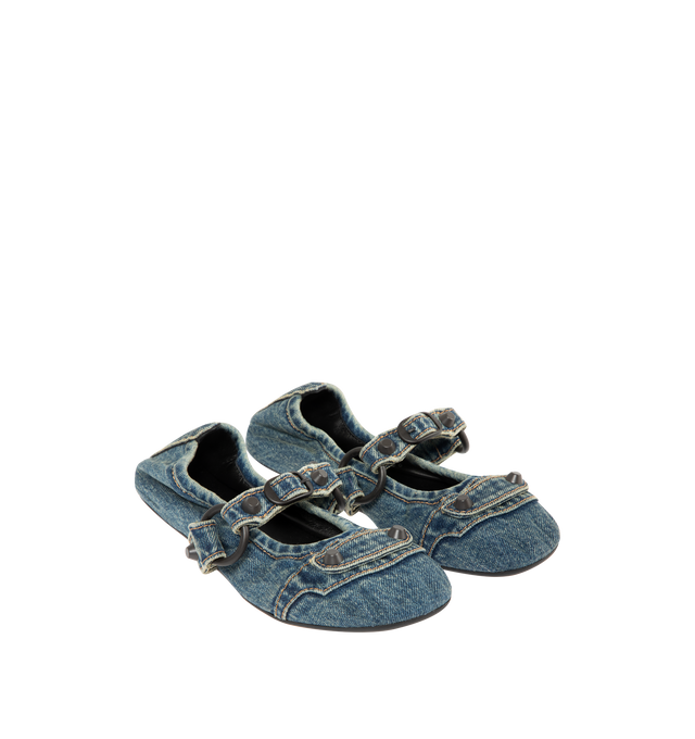 Image 2 of 4 - BLUE - BALENCIAGA City Ballerina Flat featuring round toe, studs and buckles in abs and black sole. Upper: cotton. Sole: TPU. Insole: lambskin. Made in Italy.
