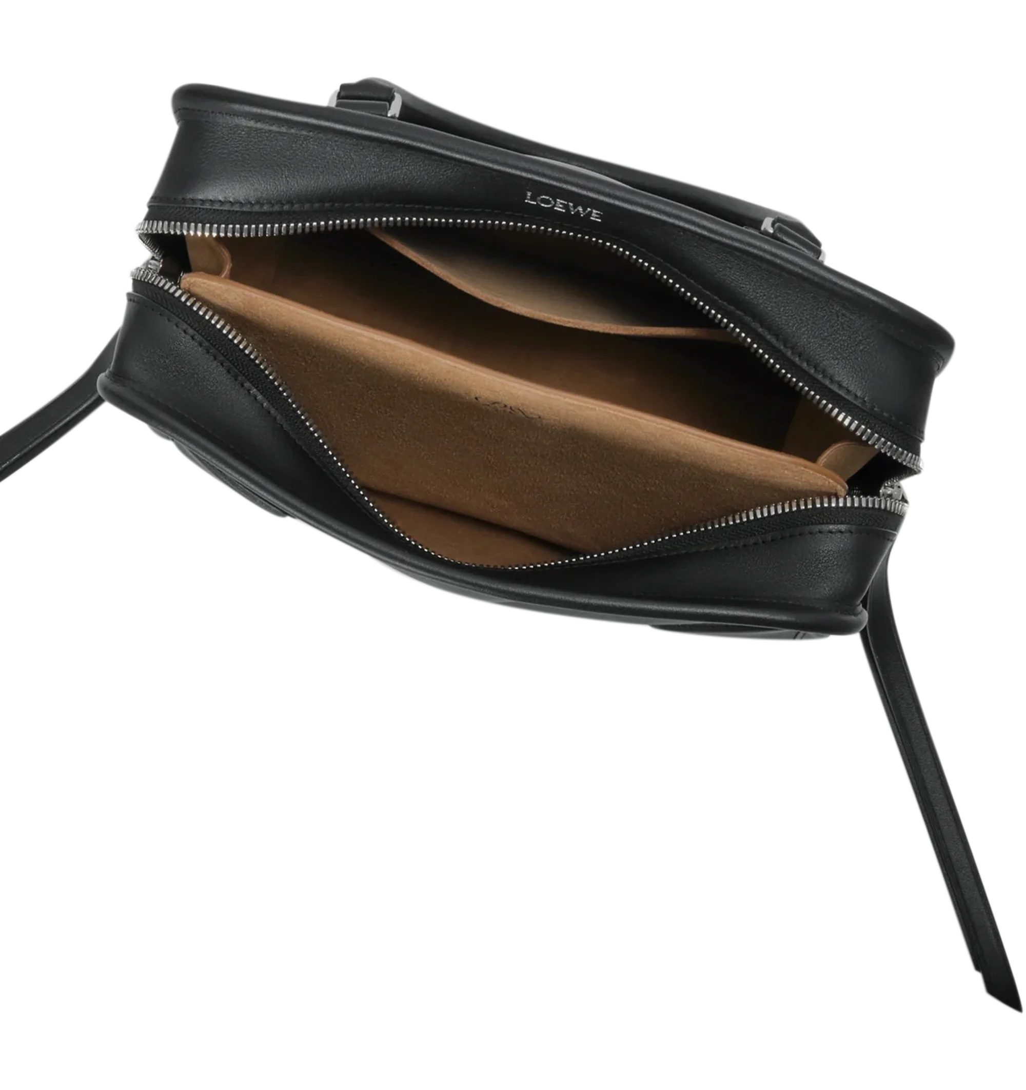 Image 12 of 16 - BLACK - Loewe Small Amazona 180 Bag in leather features a relaxed silhouette anchored by a single toron top handle, designed to be carried open, while a concealed closure secures the main compartment, three carry options: short handle, removable shoulder strap and crossbody, zip closure with two leather zip pullers, two compartments, main compartment closed with magnetic closure, internal flat pocket, left side d-ring for customization, nappa lambskin lining, and embossed double L branding. 