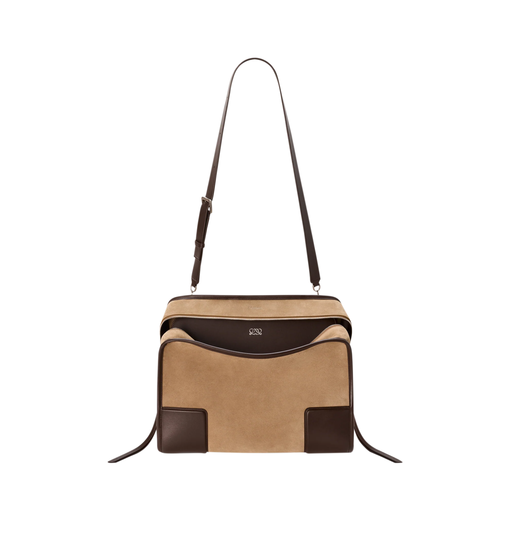 Image 9 of 16 - BROWN - Loewe Mens Amazona 180 XL Bag is crafted from suede with soft calfskin details. Features a relaxed silhouette, single toron top handle, removable shoulder handle, adjustable crossbody strap, zip closure with two leather pullers, two compartments with concealed magnetic closure, interior flat pocket, side D-ring, suede and nappa lambskin lining, palladium-tone hardware, and embossed LOEWE and Double L branding. Dimensions: 40 31 16 cm; Strap Length: 105133 cm; Strap Drop: 4761 cm; H