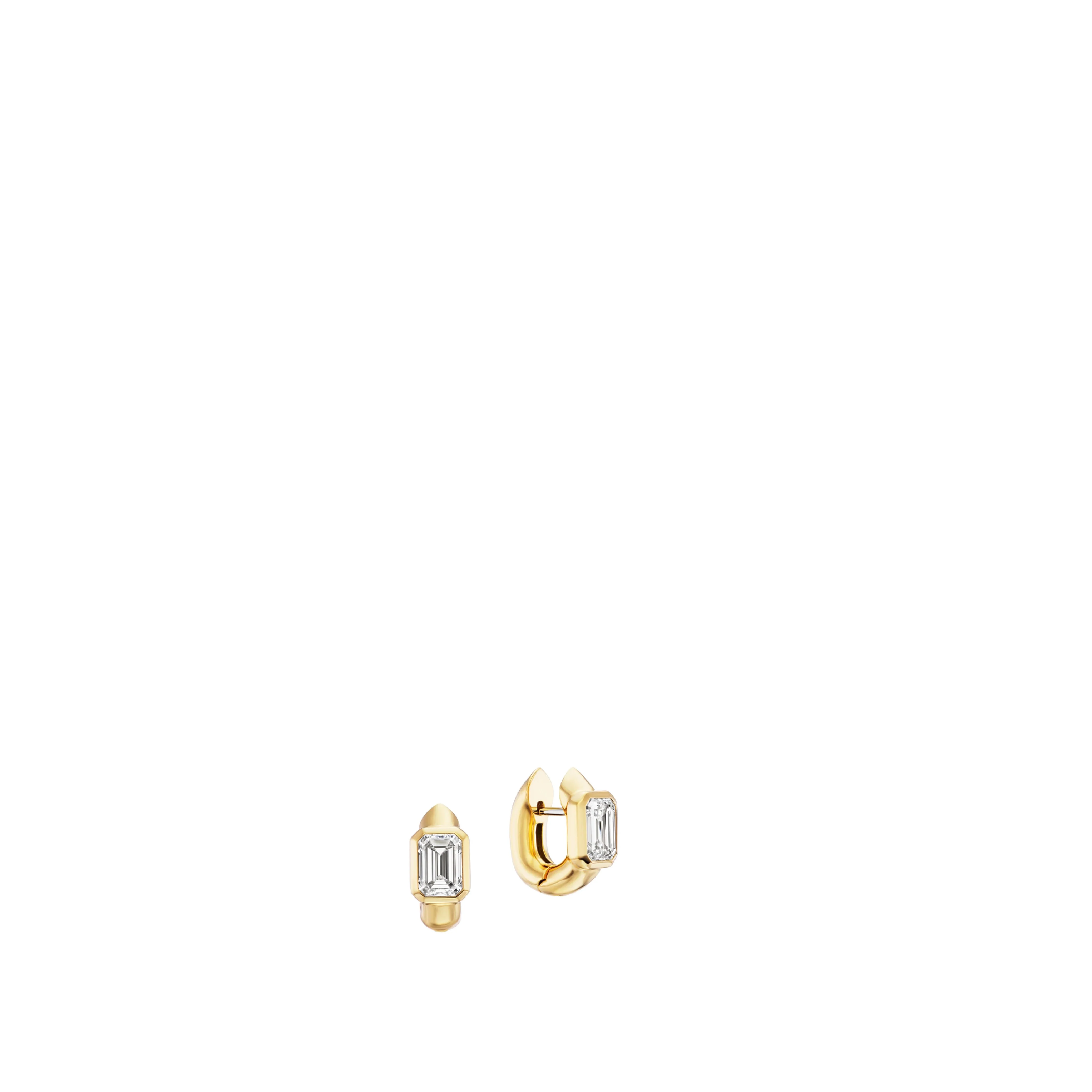 Image 1 of 1 - GOLD - Uniform Object Tusk Huggie Earrings featuring 10 g of 18K yellow gold with 2.12 TCW emerald-cut diamonds. Handcrafted in New York City. Cheap Luxury Handbag Shop offers a range of pieces from this collection in-store. For personal consultation and detailed information about jewelry, please contact our dedicated stylist team at personalshopping@hirshleifers.com.