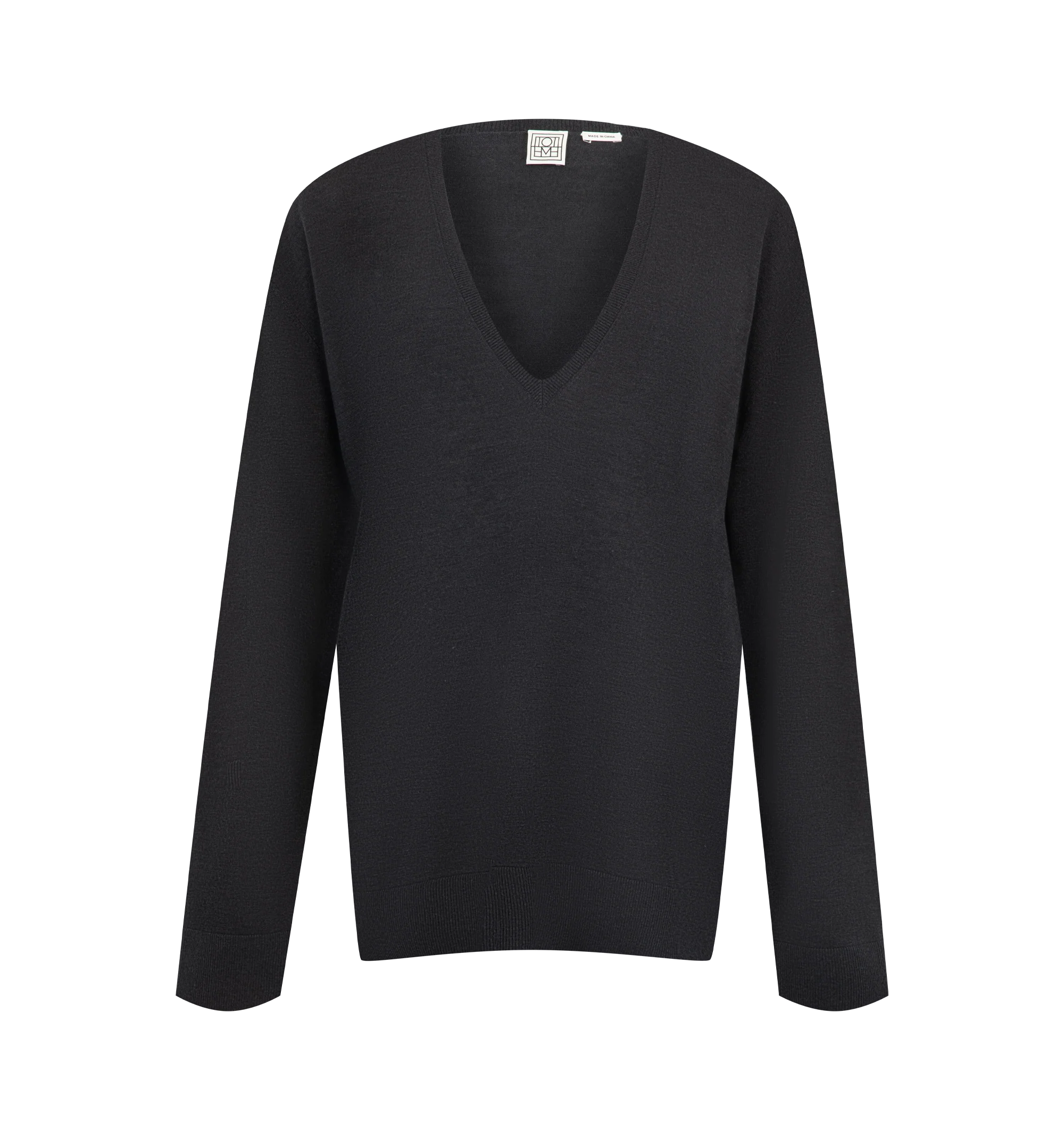 Image 1 of 2 - GREY - Toteme Women's Fine V-Neck Knit is crafted from fluid lyocell blended with cashmere and features a relaxed, extra-long silhouette with a deep V-neckline. Ribbed trim finishes the neckline, hem, and cuffs. Main Material: 90% Lyocell, 10% Cashmere.