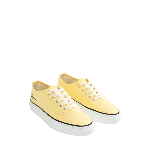 Image 2 of 5 - YELLOW - JACQUEMUS The Ff Skate Sneakers featuring canvas upper, round toe, flat cotton laces, embroidered signature and monogram logos, rubber sole and canvas insole and lining. 100% cotton. Made in Portugal. 