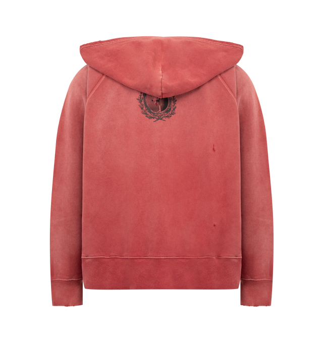 Image 2 of 4 - RED - Enfants Riches Deprimes Oklahoma City Church hooded raglan sweatshirt crafted from medium weight brushed French terry. Featuring a classic vintage fit, attached "after" hood at neck opening, rib knit cuffs and waist, vintage wash process and distressing throughout, and printed artwork at the front. Made in USA.