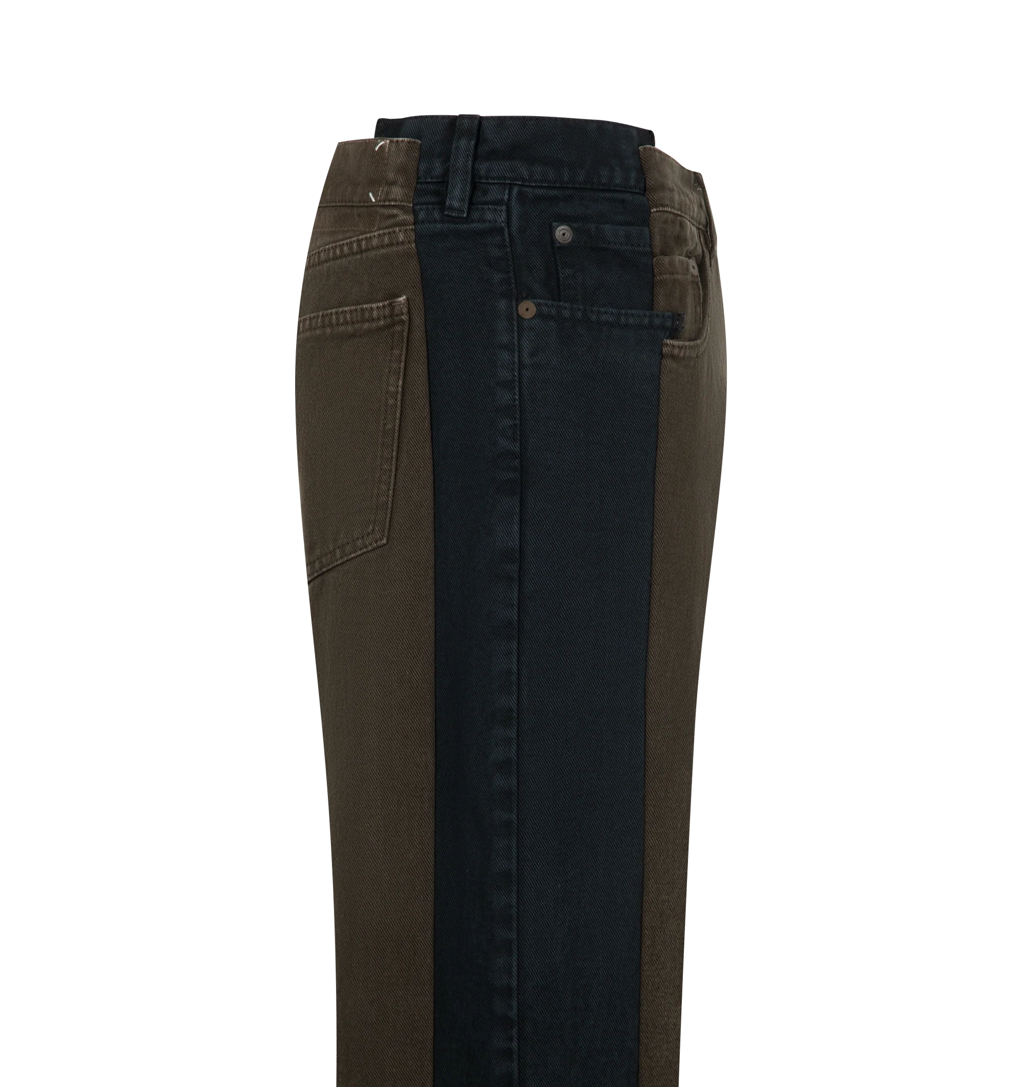Image 3 of 3 - MULTI - Maison Margiela Men's Straight-Leg Spliced Denim Jeans are crafted from cotton denim using the brand's Assemblage technique and feature a full-length straight-leg silhouette, contrasting blue-black side panels, five-pocket construction, a zip and button closure, and the signature four white stitches at the back. This designer denim combines innovative layered construction with timeless styling for elevated everyday wear. Main Material: 100% Cotton. Made in Italy.