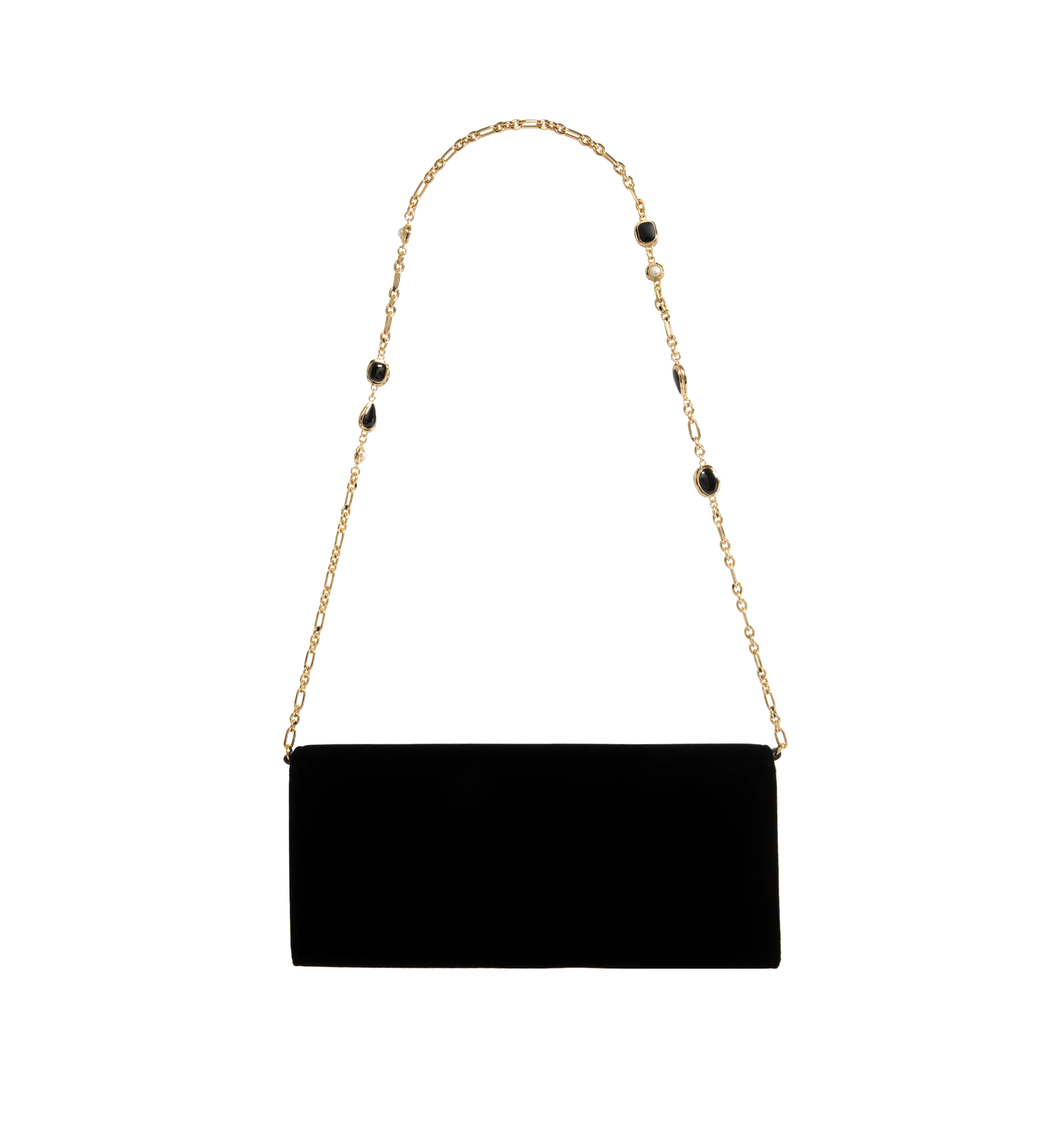 Image 2 of 3 - BLACK - Saint Laurent Women's Kate Clutch is crafted from velvet and features a sleek evening silhouette adorned with the iconic Cassandre logo. Designed with a removable jewelry chain strap with bezel-set cabochon links, a magnetic snap closure, one flat pocket, and one card slot, allowing it to be worn on the shoulder or carried as a clutch. Main Material: 63% Viscose, 27% Cupro, 10% Brass. Lining: Leather. Dimensions: 28 cm W  12 cm H  4 cm D. Strap Drop: 36 cm. Fits: Phone, cardholder, ke 