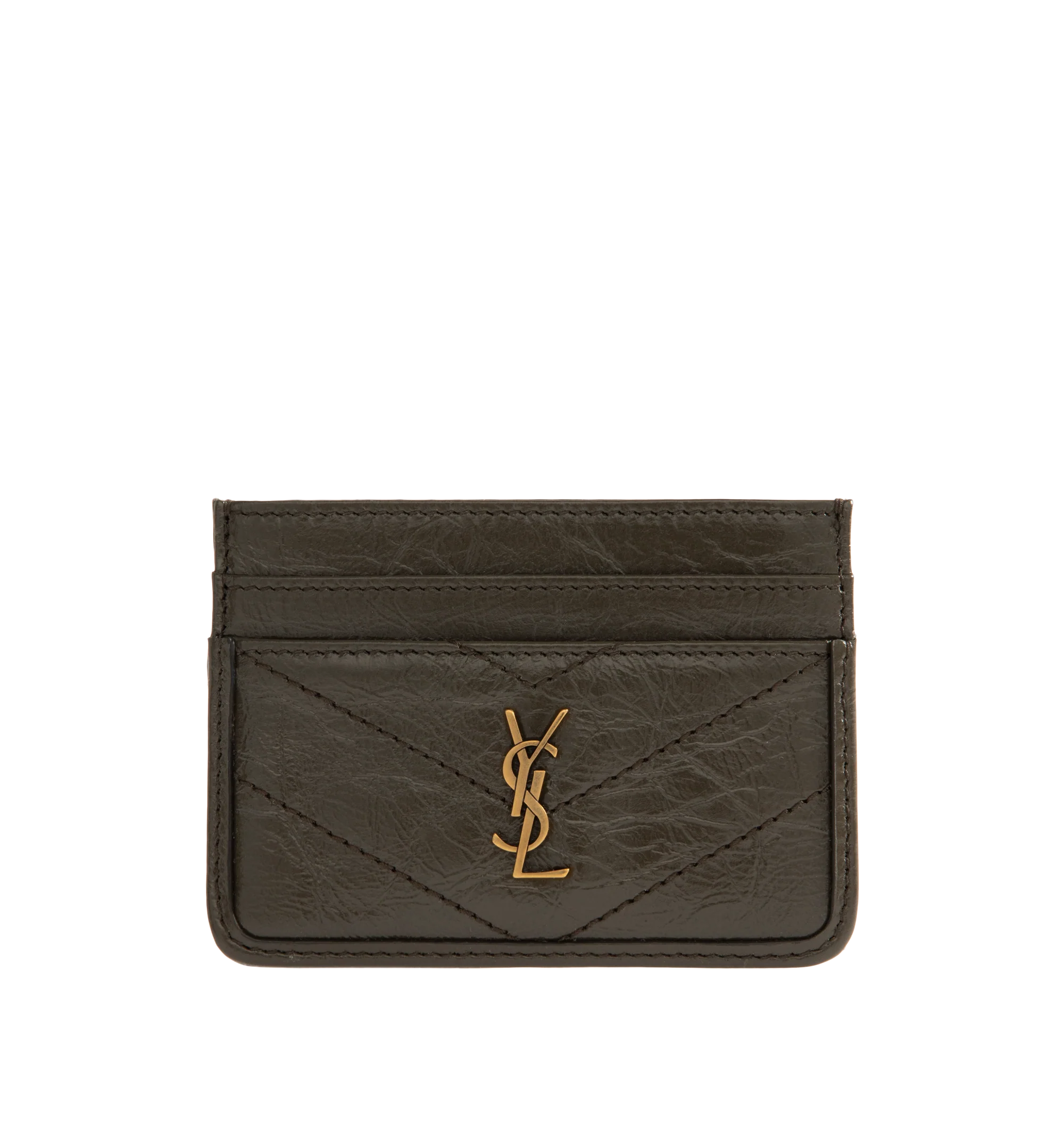 Image 1 of 3 - BROWN - Saint Laurent Womens Card Case is crafted from glossy naplak leather. Features signature CASSANDRE hardware, matelass quilted stitching, four card slots, and one center slip pocket. Dimensions: 9.9 7.6 0.5 cm. Main Material: Leather. Made in Italy.