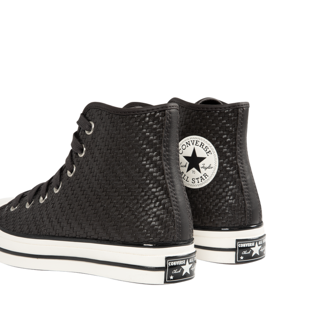 Image 3 of 5 - BLACK - CONVERSE Chuck 70 Woven Leather High Top Sneaker featuring premium woven leather upper, OrthoLite cushioning, varnished, off-white midsole and toe cap, tonal laces and signature leather Chuck Taylor ankle patch and classic All Star license plate. 