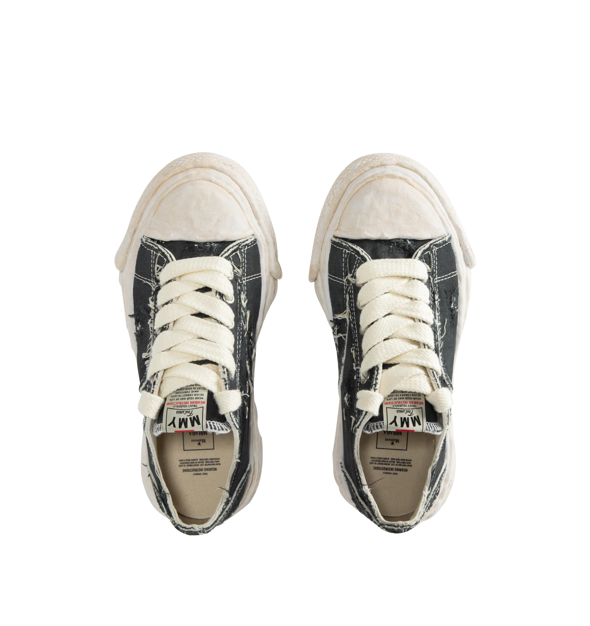 Image 5 of 5 - BLACK - Maison Mihara Yasuhiro Men's Peterson23 Sneakers feature the brand's signature hand-sculpted OG sole, a ripped overdye canvas upper, and a relaxed low-top silhouette for a bold contemporary look. Designed for the Spring/Summer 2026 collection, these designer sneakers combine Maison Mihara Yasuhiro's experimental aesthetic with a wider fit, layered overdye finish, distressed detailing, and a three-dimensional rubber toe cap that echoes the sculptural sole. Intentional fading and distre