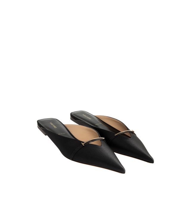 Image 2 of 4 - BLACK - TOM FORD Satin Julianne Mule featuring a pointed toe and with an iconic signature T hardware on the vamp. 68% viscose, 32% silk. Made in Italy
