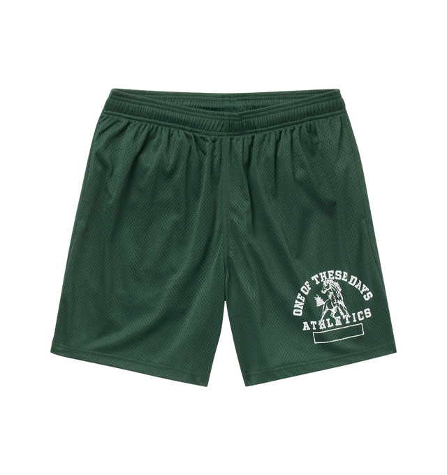 Image 1 of 3 - GREEN - ONE OF THESE DAYS Mustang Athletics Mesh Drawstring Shorts featuring soft mesh, elastic waist with internal drawcord and side-seam pockets. 100% polyester.