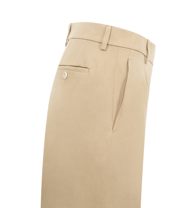 Image 3 of 3 - BROWN - THOM BROWNE Cotton Gabardine Chino featuring tab closure with zip fly, slip hand pockets, buttoned back welt pockets, signature striped grosgrain loop tab and relaxed fit. 100% cotton. Made in Italy.